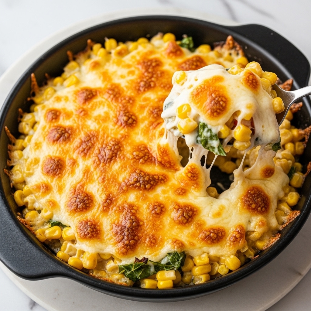 A close-up of a round black pan filled with a baked dish that has a golden brown top layer of melted cheese with slightly browned spots. The cheese layer is thick and stretchy as a spoon lifts a serving, revealing a gooey, soft texture underneath with bits of green herbs and small chunks of other ingredients mixed in. The pan sits on a wooden board against a white marbled background. photo taken with an iphone --ar 4:5 --v 7