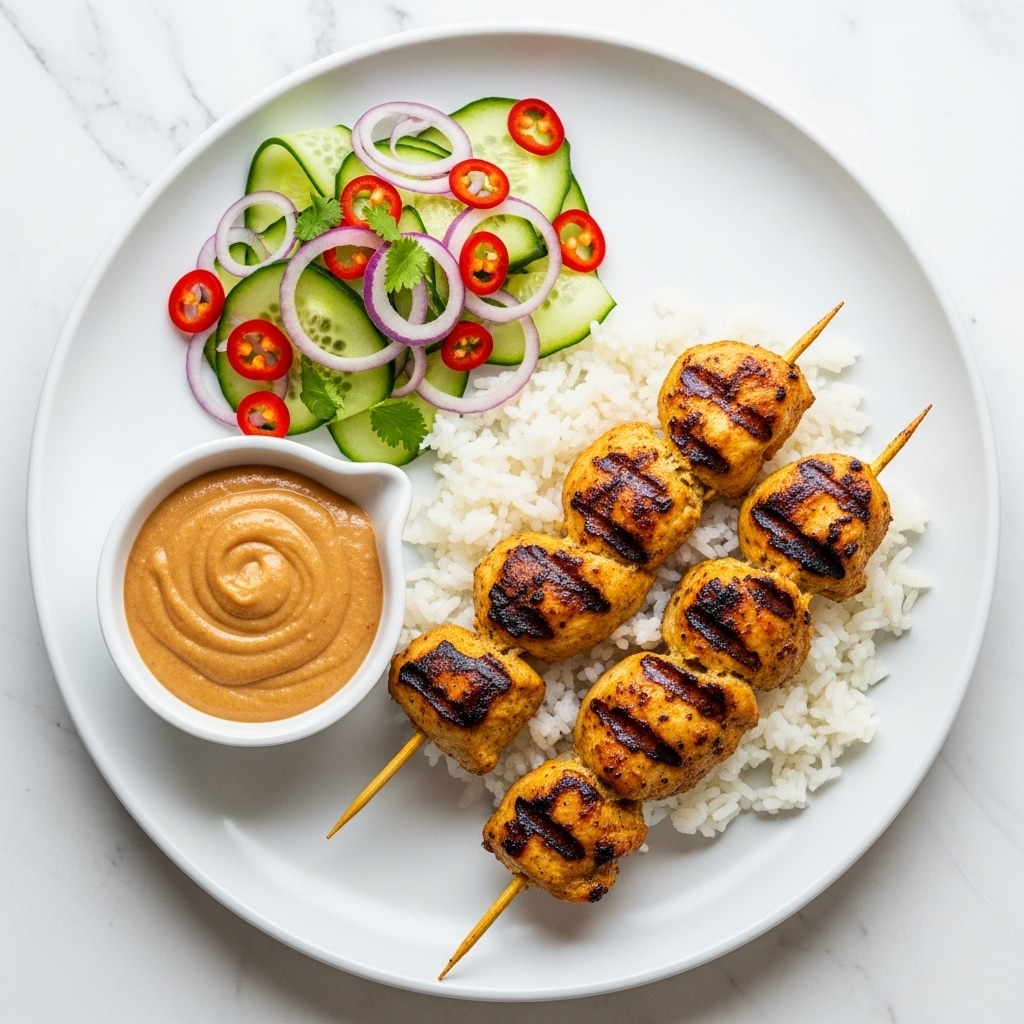 A white plate with three main parts: on the right, two skewers of golden brown grilled chicken resting on a small bed of white rice; on the top left, a small pile of thin, curled green cucumber ribbons mixed with thin red chili slices and small red onion pieces; and in the bottom left, a small white bowl filled with smooth, light brown peanut sauce. The plate is set on a white marbled surface. photo taken with an iphone --ar 4:5 --v 7