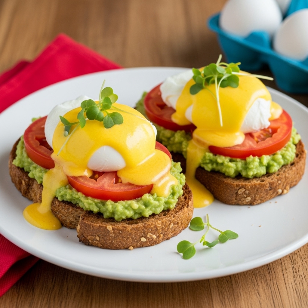 Two slices of toasted bread are placed side by side on a white plate set on a wooden surface. Each slice has a base layer of chunky green avocado mash, topped with a thick, round red tomato slice. On top of the tomato sits a soft, white poached egg, draped generously with a smooth, bright yellow hollandaise sauce. Small green herb sprigs garnish the top, and a few drops of hollandaise sauce spill slightly onto the plate. The scene includes part of a blue carton of free-range brown eggs in the upper right corner and a red cloth napkin peeking in from the lower right side. Photo taken with an iphone --ar 4:5 --v 7
