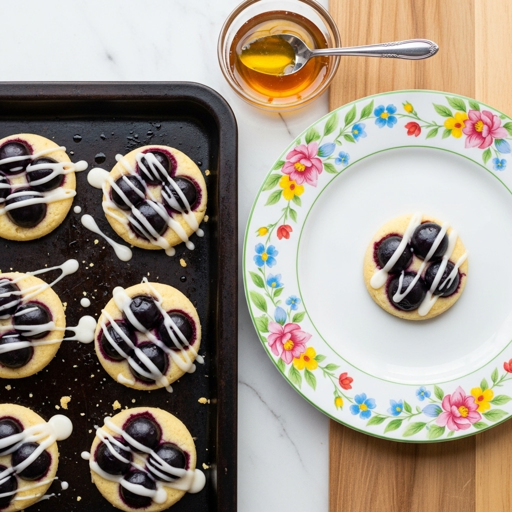 The image shows a small round biscuit topped with two large black olives and drizzled with a white creamy sauce, placed at the center of a white plate decorated with pink, yellow, and green floral patterns along the rim. The plate is on a wood-textured surface with a small clear glass bowl of honey and a small ornate spoon next to it. To the left, a dark baking sheet has six more similar biscuits, each topped with black olives and white sauce, some with slight melted sauce spilling onto the tray. The setup is neat and well-lit. photo taken with an iphone --ar 4:5 --v 7