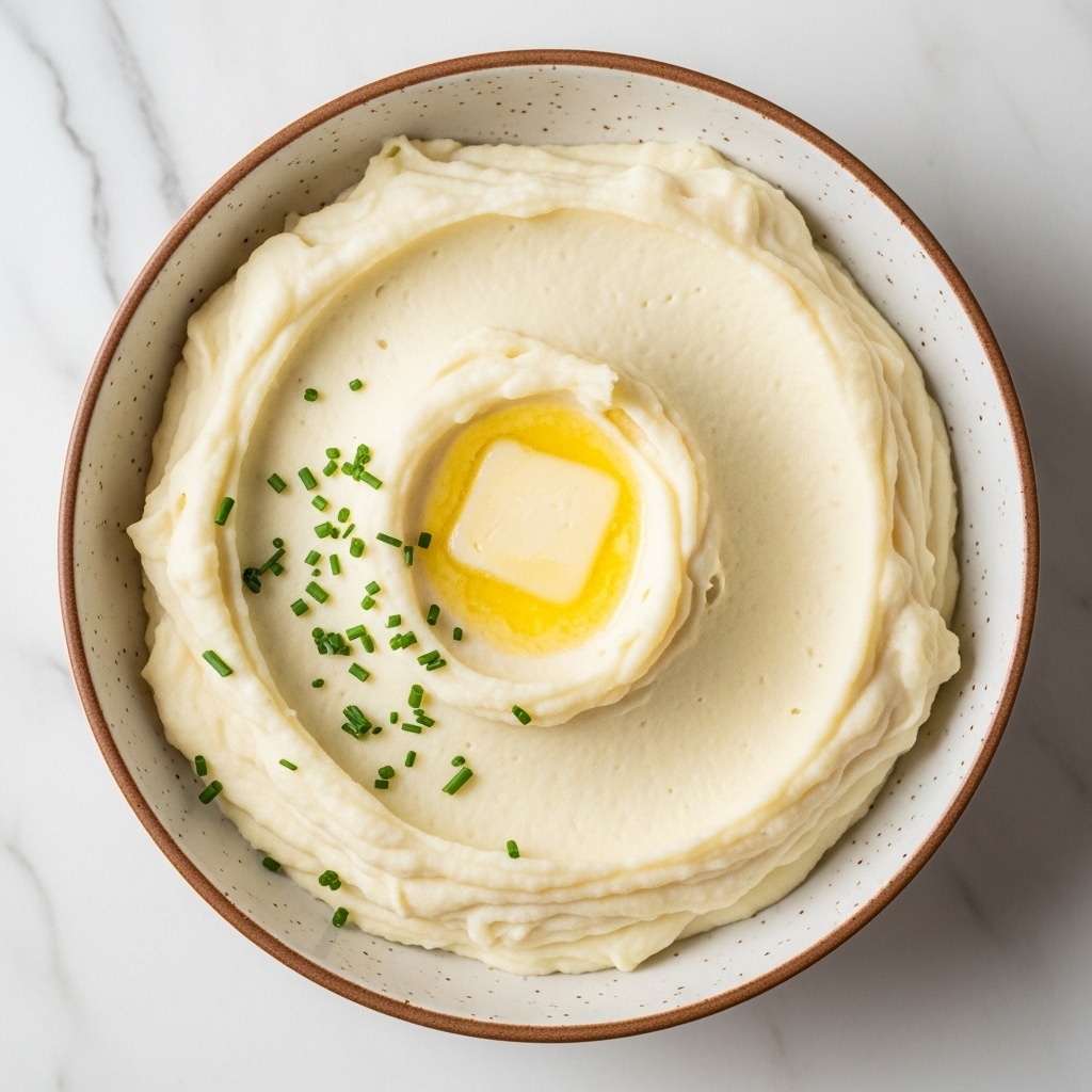 A close-up view of creamy mashed potatoes in a white bowl with light brown speckled edges. The mashed potatoes have a smooth, soft texture with visible swirls and slight peaks. The bowl is presented on a white marbled surface. photo taken with an iphone --ar 4:5 --v 7
