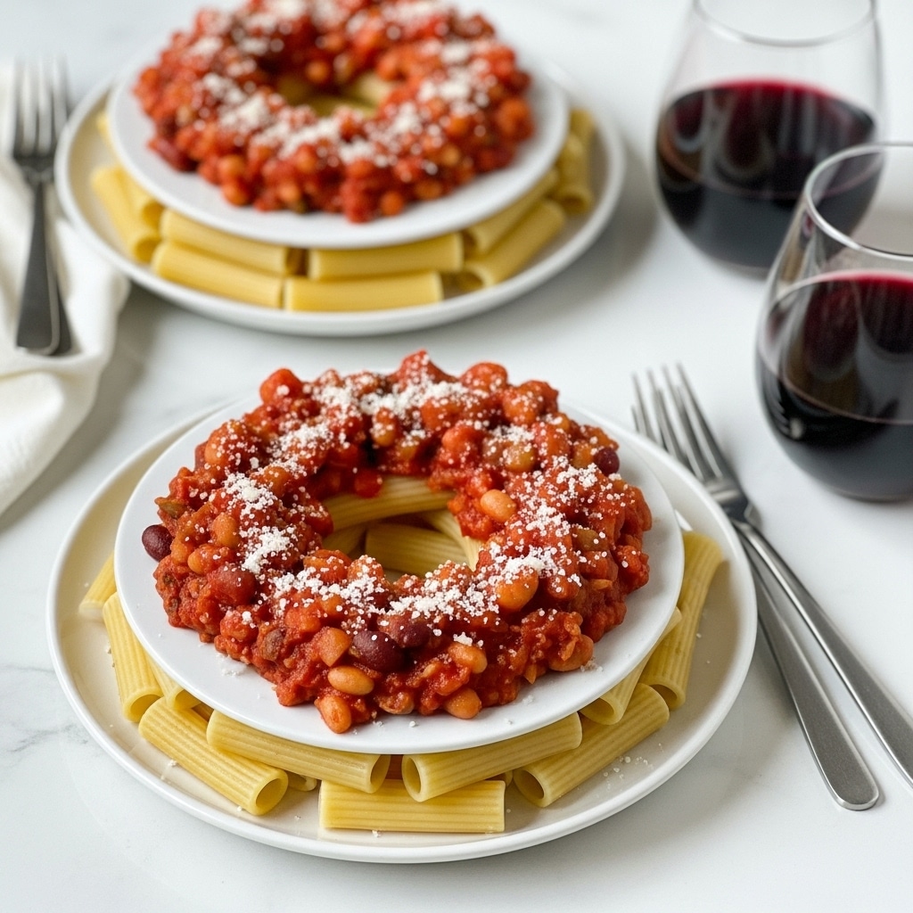 The image shows a white plate with rigatoni pasta arranged around the edges, each piece firm and pale yellow with a smooth texture. In the center, there is a thick layer of red tomato sauce with visible chunks of tender beans and vegetables, giving a rich and hearty look. The sauce is topped with finely grated cheese that adds a light, snowy texture on top. In the background, there is another plate with the same dish and a clear glass filled with dark red wine. The setting is on a white marbled surface. photo taken with an iphone --ar 4:5 --v 7