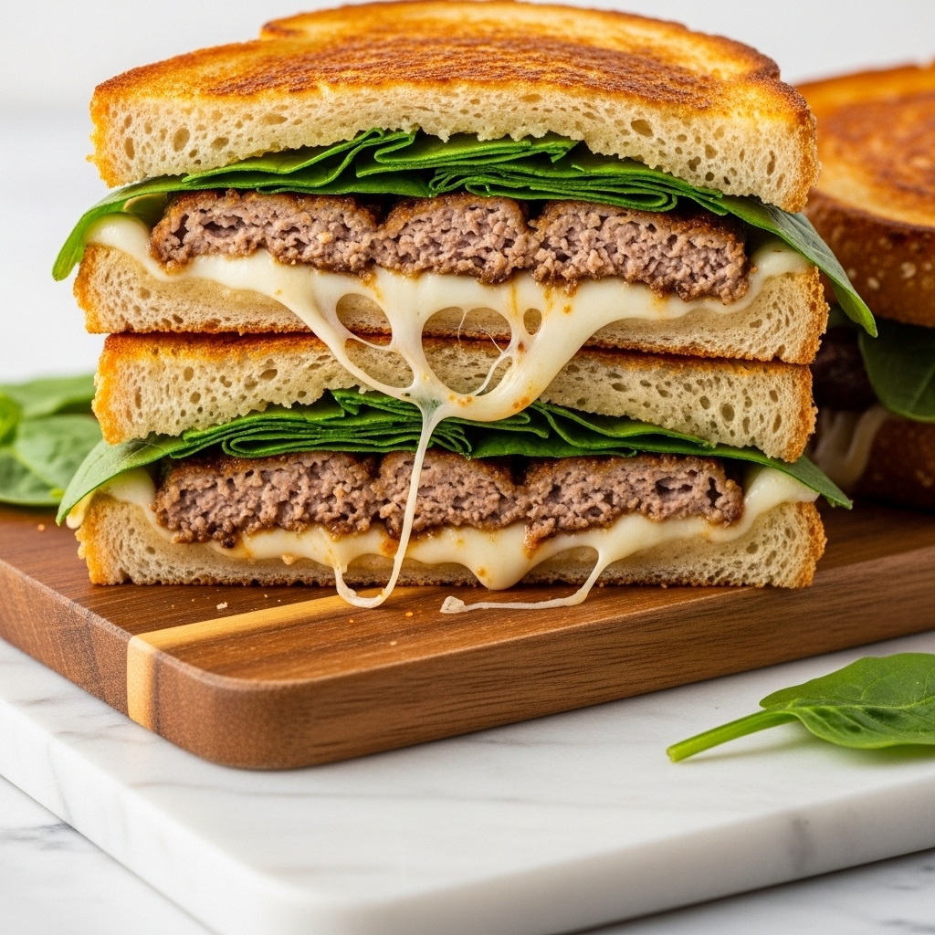 A stack of three grilled cheese sandwich halves rests on a wooden board over a white marbled background. Each sandwich half is made with thick slices of golden brown toasted bread that have a crunchy texture. Inside, layers include melted white cheese oozing slightly, fresh green leafy spinach, and slices of cooked meat with a slightly pink center. The sandwich layers are packed and show some melted cheese stretching between the slices. A bit of green spinach peeks out from the edges in each sandwich. Photo taken with an iphone --ar 4:5 --v 7