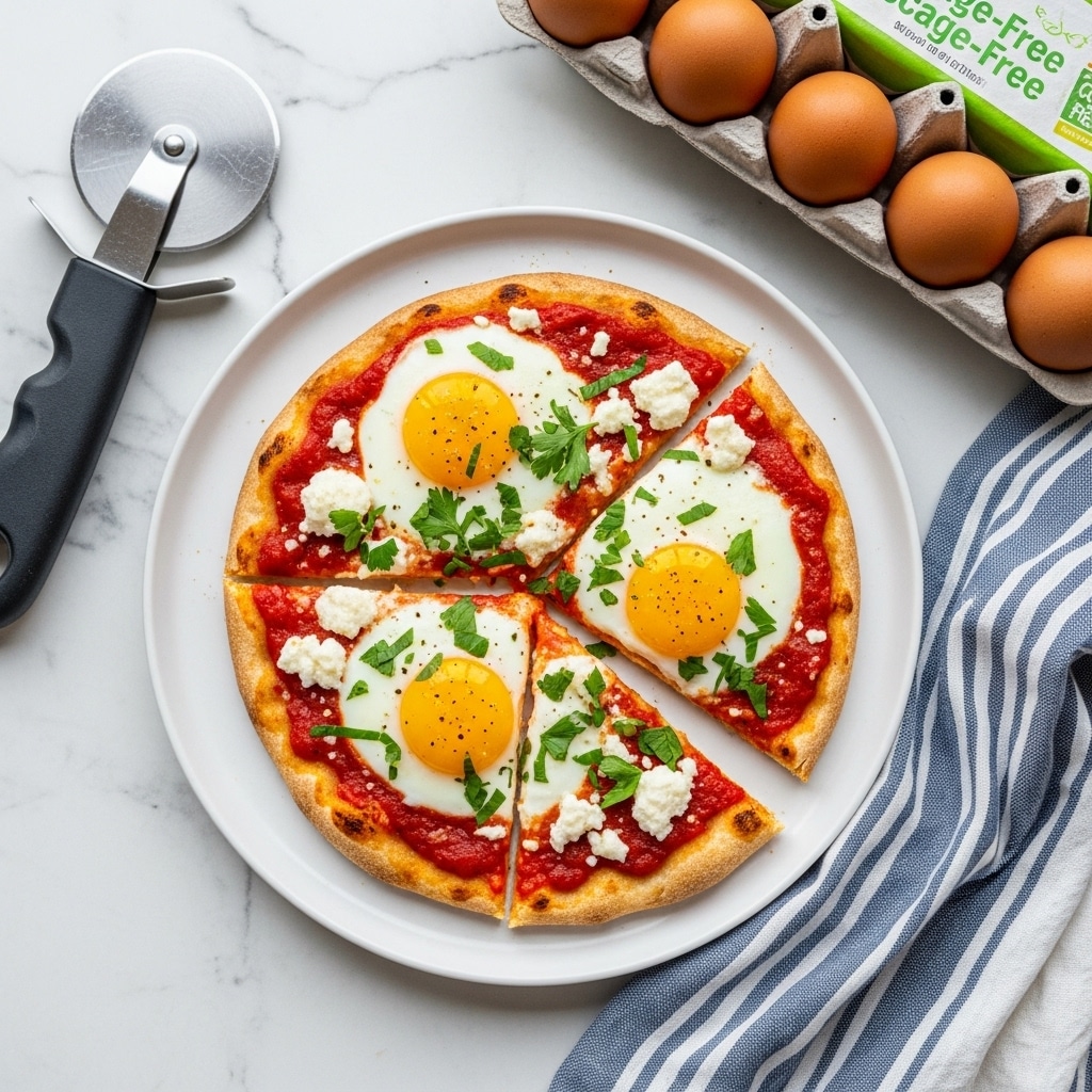 A small pizza is on a white plate, placed on a white marbled surface. The pizza has a thin, slightly browned crust. The bottom layer is red tomato sauce spread evenly. On top, there are three sunny-side-up eggs with bright yellow yolks spaced evenly. Crumbled white cheese is scattered around the eggs. Fresh chopped green herbs cover the center of the pizza, adding a vibrant green color. Next to the plate is a shiny silver pizza cutter with a black handle, and above the plate is a carton of brown eggs with some eggs visible in the carton’s open holes. A blue and white striped cloth is draped casually beside the plate. Photo taken with an iphone --ar 4:5 --v 7