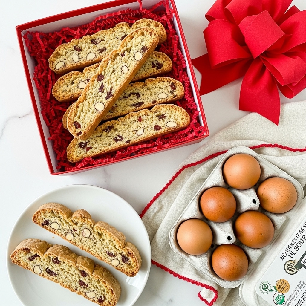 The image shows a red gift box filled with five thick biscotti slices layered unevenly, each slice light brown with visible small pieces of red fruit or candy embedded throughout the crumbly texture. The box is placed on a white marbled surface with red shredded paper inside adding a festive touch. Nearby, a white plate holds a single biscotti, and part of an egg carton with organic eggs sits diagonally on the surface. A cream cloth with red trim and a red ribbon bow add to the cozy atmosphere. Photo taken with an iphone --ar 4:5 --v 7