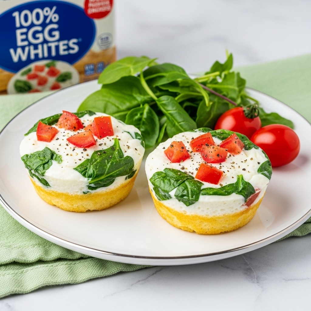 Two small round egg white muffins sit on a white plate with a thin brown rim, placed on a white marbled surface. Each muffin is about two layers tall, the bottom layer is a light yellow cooked egg base, and the top is a mix of white egg whites with bright green spinach leaves and red tomato pieces embedded within. The tops are sprinkled with black pepper, adding texture. To the left of the muffins is a small bunch of fresh green watercress and one bright red grape tomato. A green cloth napkin is partly visible on the right side, and in the background, a carton of egg whites stands with clear blue and red labeling. Photo taken with an iphone --ar 4:5 --v 7