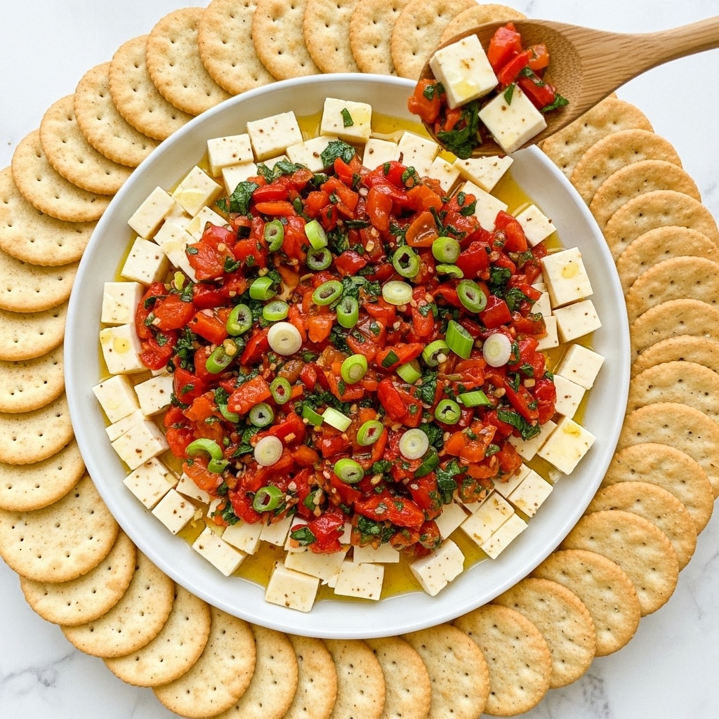 A white plate holds a vibrant appetizer with two main layers: at the bottom, there are small white cheese cubes soaked in a golden olive oil mixture. On top, there's a colorful layer of finely chopped red roasted peppers, green spring onion slices, and herbs, creating a textured, fresh look. Surrounding the plate is a neat ring of assorted round and square crackers with a light brown color and slightly crispy texture. The whole setup is on a white marbled surface, giving it a clean, bright appearance. Photo taken with an iphone --ar 4:5 --v 7