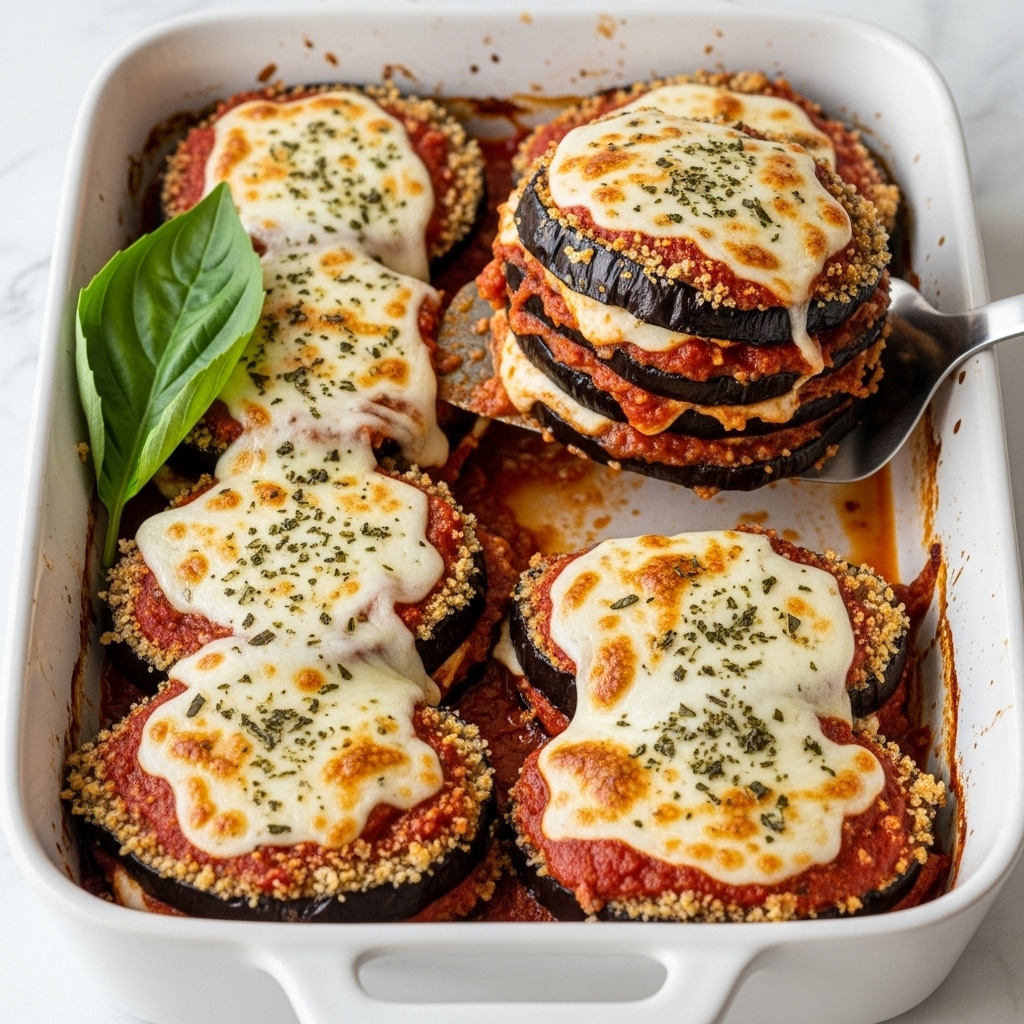 A white dish filled with multiple layers of round eggplant slices coated with a crispy, golden-brown breading. Each eggplant slice is topped with bright red tomato sauce and covered by a thick layer of melted, bubbly white mozzarella cheese with slight golden spots. The cheese stretches slightly as a silver spatula lifts one slice, revealing the textured eggplant beneath. Green herbs are sprinkled over the cheese, and a fresh cluster of green basil leaves rests at the back of the dish. The dish sits on a white marbled surface. photo taken with an iphone --ar 4:5 --v 7