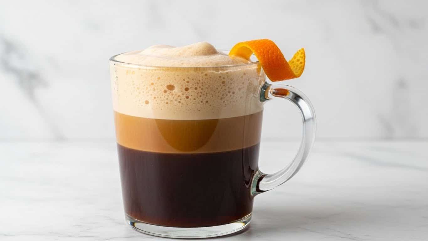 A clear glass cup filled with three main layers: the bottom layer is dark brown coffee, followed by a thin, lighter brown foam layer, and topped with a thick, creamy white foam that has a slightly uneven texture. An orange peel slice is placed on the rim of the glass, adding a bright pop of color. The cup has a thick handle on the left side, and it sits on a white marbled surface with soft lighting that highlights the texture and colors of the drink. photo taken with an iphone --ar 4:5 --v 7