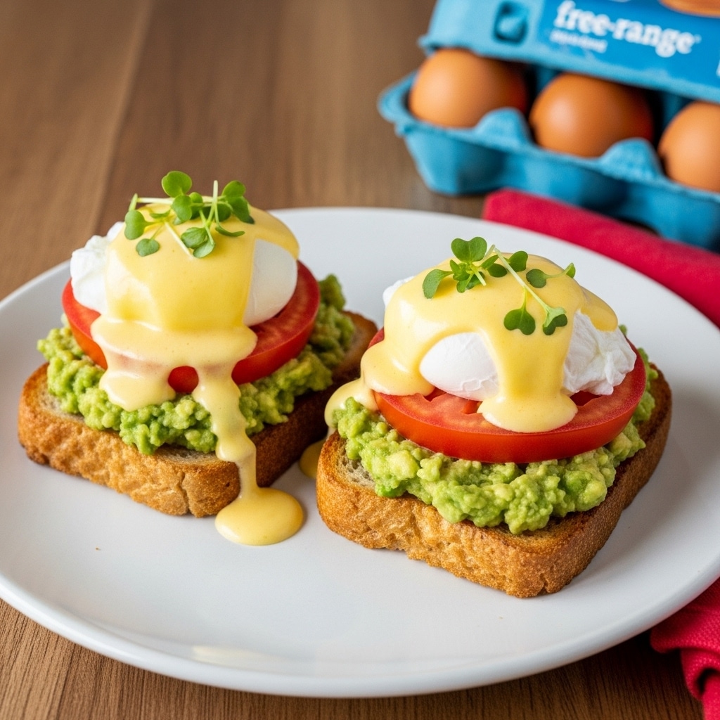 Two slices of toasted brown bread on a white plate are topped with vibrant green mashed avocado as the first layer. On top of that, thick red tomato slices add a fresh layer. Each slice holds a smooth white poached egg, covered with bright yellow hollandaise sauce that slightly drips onto the plate. A few small green microgreens are placed on the hollandaise for garnish. The plate sits on a wooden surface with a red napkin nearby and a blue egg carton partially visible in the corner. Photo taken with an iphone --ar 4:5 --v 7