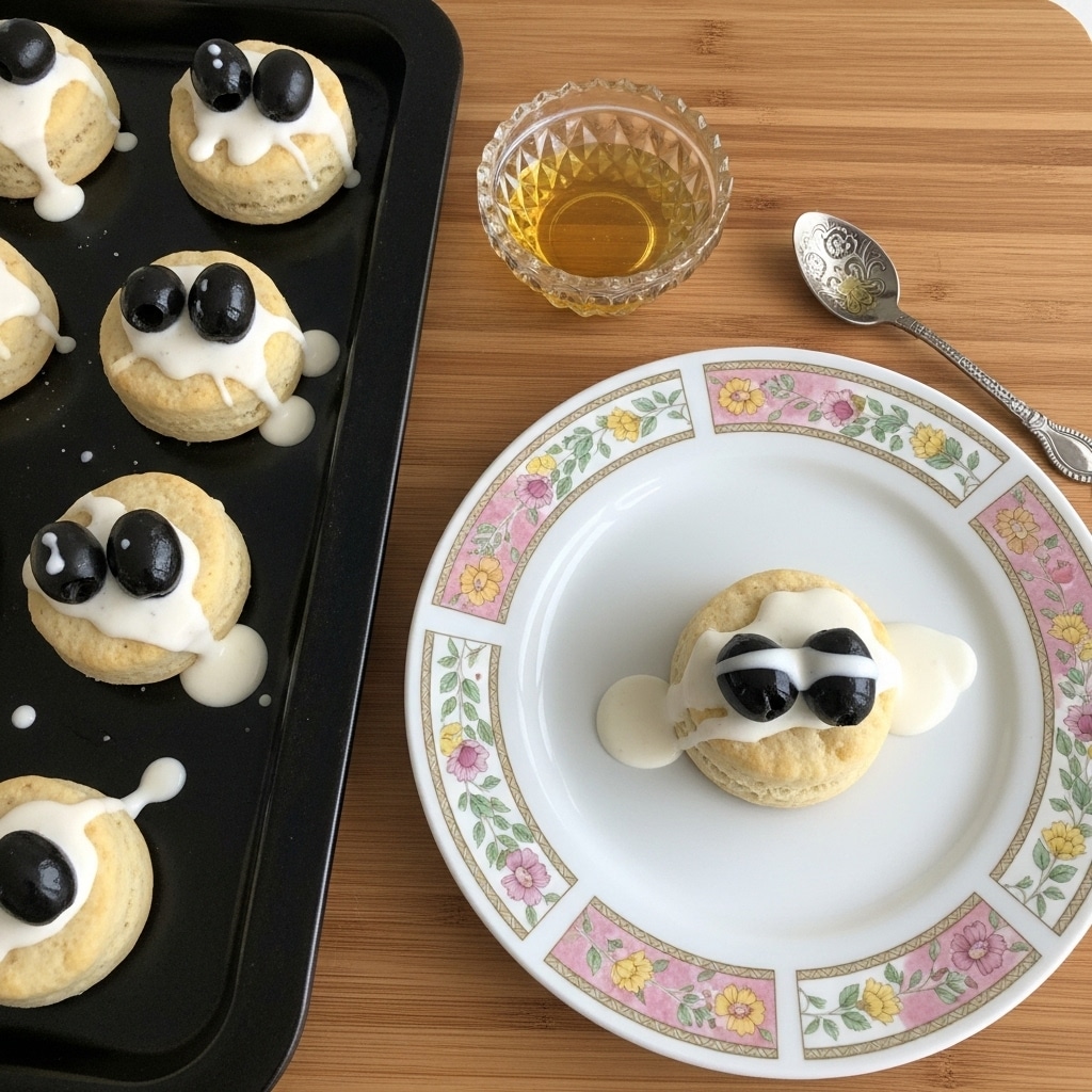 The image shows small round cookies with a light golden base topped with dark purple grapes and a thin layer of white icing drizzled unevenly over the grapes. There are six cookies on a dark baking tray with some melted icing spots and crumbs scattered around. To the right, a single cookie sits on a white plate decorated with colorful floral patterns in pink, yellow, blue, and green along the rim. Above the plate, there is a small glass bowl of honey and a small silver spoon resting on a wooden surface, changed to a white marbled texture. photo taken with an iphone --ar 4:5 --v 7