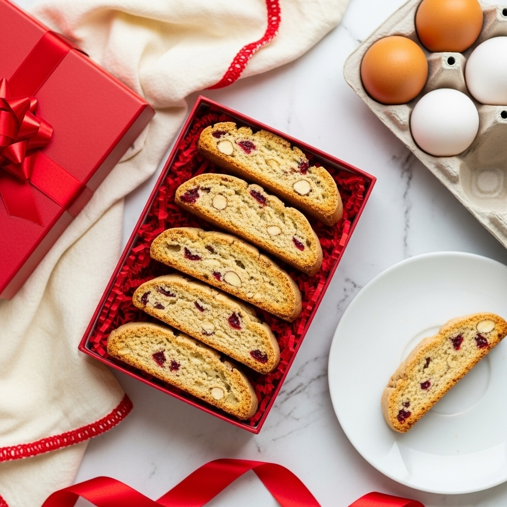 The image shows a red box filled with four long, thick biscotti pieces that have a rough texture and are light brown with red bits inside, sitting on a bed of red paper shreds. The top biscotti is slightly angled, partially covering the pieces below. In the bottom left, a white plate holds two more biscotti with the same colors and texture. To the right, there is a white carton of organic brown eggs placed on a soft cream cloth with red trim, and a large red bow is visible beside the carton. The whole scene rests on a white marbled surface. photo taken with an iphone --ar 4:5 --v 7