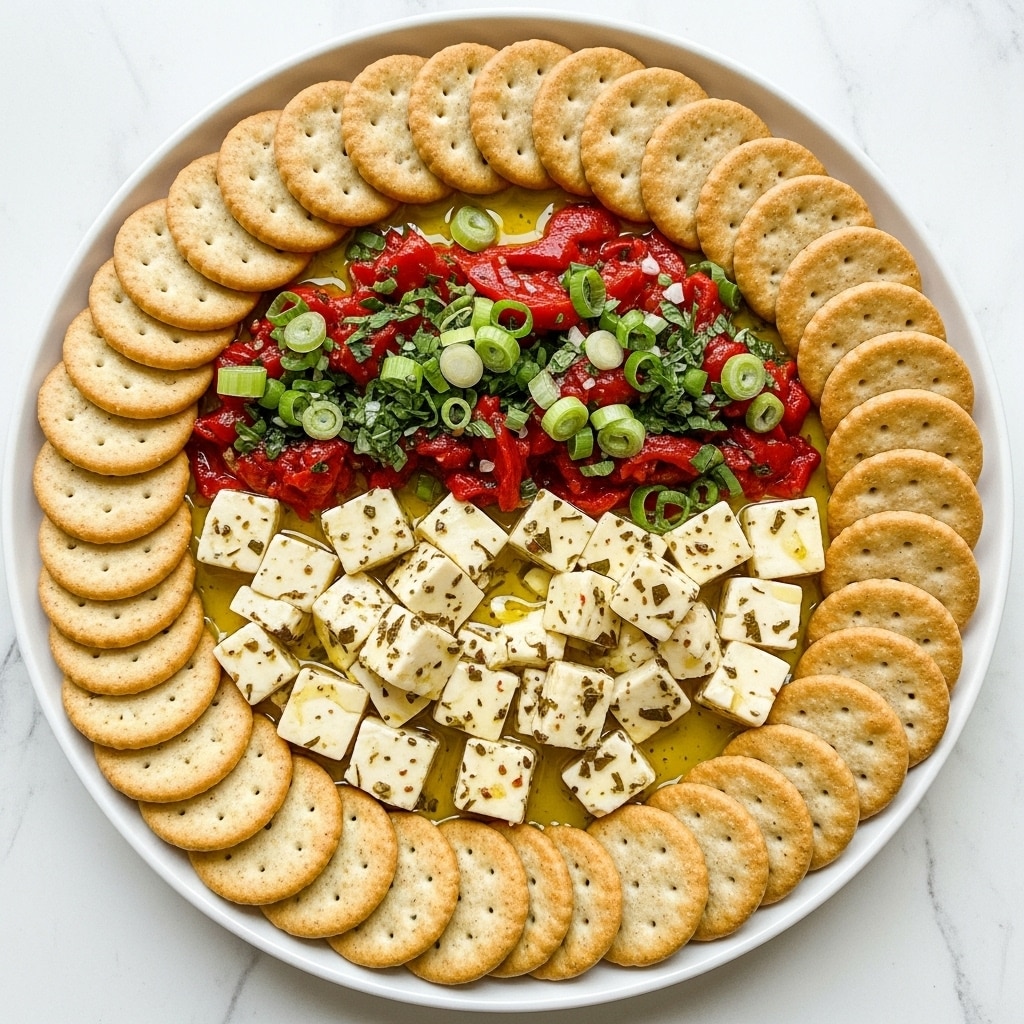 The image shows a white plate filled with a colorful appetizer. The bottom layer is made up of evenly cut white cheese cubes. On top of the cheese cubes is a generous layer of finely chopped red and orange roasted peppers mixed with green herbs and sliced green onions, all coated in a glossy, golden olive oil. Surrounding the plate is an arrangement of assorted crackers, some round and some square, all on a white marbled surface. A wooden spoon lifting some cheese and pepper mix is visible at the plate’s edge. Photo taken with an iphone --ar 4:5 --v 7