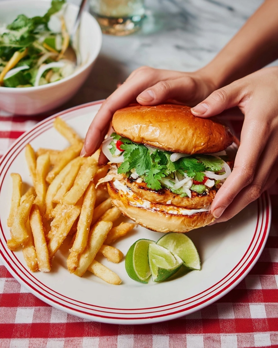 A white plate with a thin red line around the edge holds crispy golden-brown fries piled toward the top left side and three lime wedges near the top center. A silver jar with orange sauce is placed at the back of the plate. In front, a sandwich is held by a woman's hands on either side. The sandwich has a soft, light brown bun on top and bottom; inside, two layers of browned grilled meat patties are separated by white mayo and orange sauce spreading from the bottom patty. On top of the upper patty, there are fresh green cilantro leaves mixed with thin white onion slices and small red chili pieces. The setting rests on a red and white checkered tablecloth, with a small dark bowl filled with extra cilantro and onion salad on the top right. Photo taken with an iphone --ar 4:5 --v 7