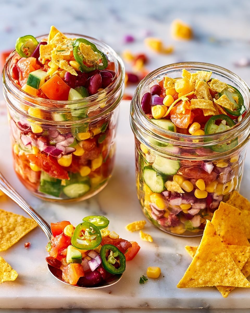 Two clear glass jars filled with a colorful bean salad sit on a white marbled surface. Each jar shows multiple layers, starting with a mix of kidney beans, white beans, and small diced cucumber, topped by yellow corn kernels, bright red tomato pieces, finely chopped red onion, and sliced green jalapeño peppers. The uppermost layer in one jar is sprinkled with broken corn chips adding a crunchy texture. Around the jars, tortilla chips are scattered with some of the salad spilled onto them, along with a silver spoon resting on the surface filled with a small portion of the salad. The bright colors of the vegetables contrast with the clear jars and the white surface. photo taken with an iphone --ar 4:5 --v 7
