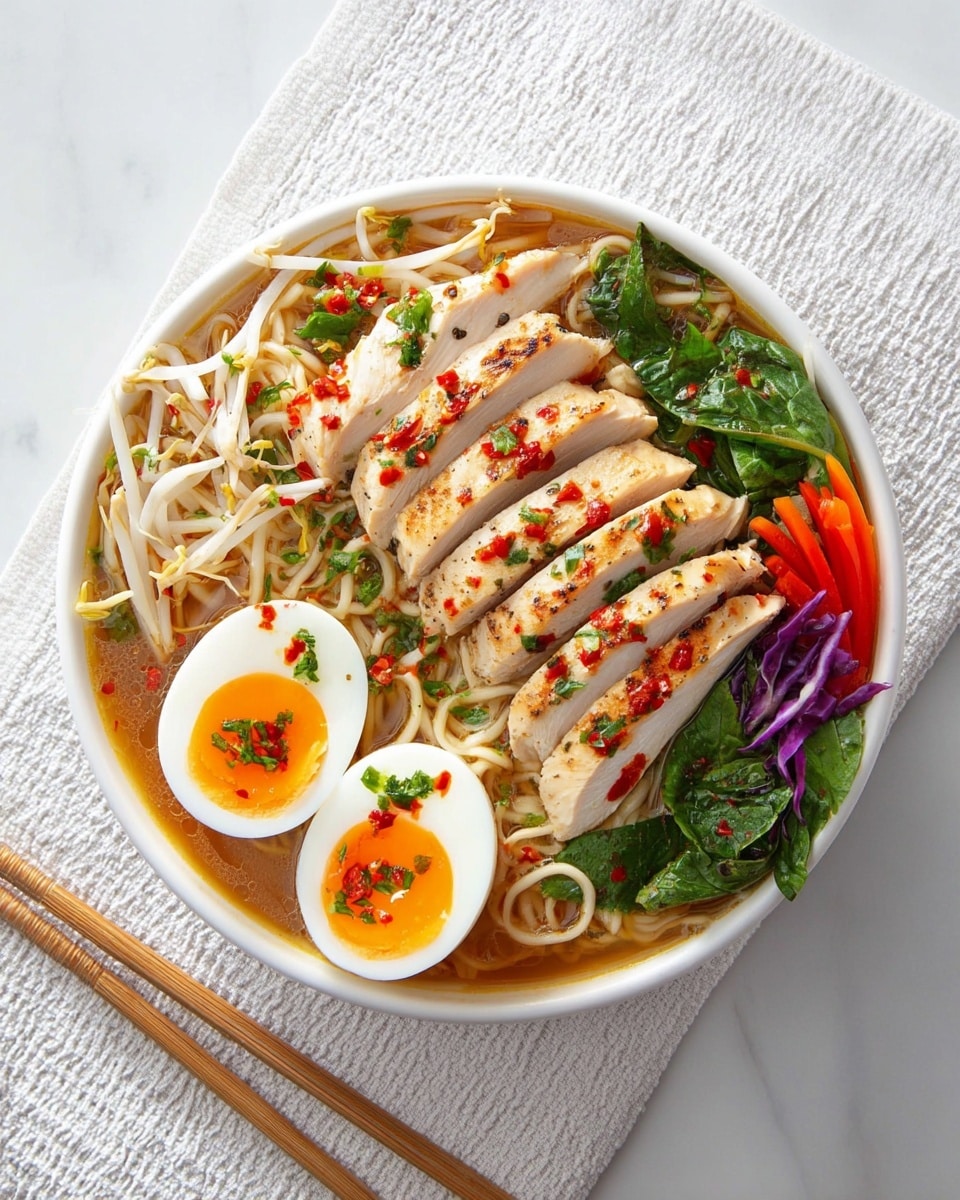A white bowl filled with light brown broth and thin beige noodles resting at the bottom, topped with several slices of grilled chicken breast with light brown grill marks and red chili flakes, scattered green chopped chives, and a mix of fresh green leafy vegetables and thin strips of red and purple cabbage and orange carrot. On one side, there are two halves of a soft-boiled egg with bright orange yolks and white edges, also garnished with chopped chives. The bowl is placed on a white marbled surface next to a folded white textured cloth, with a pair of light brown wooden chopsticks resting on the side. Photo taken with an iphone --ar 4:5 --v 7