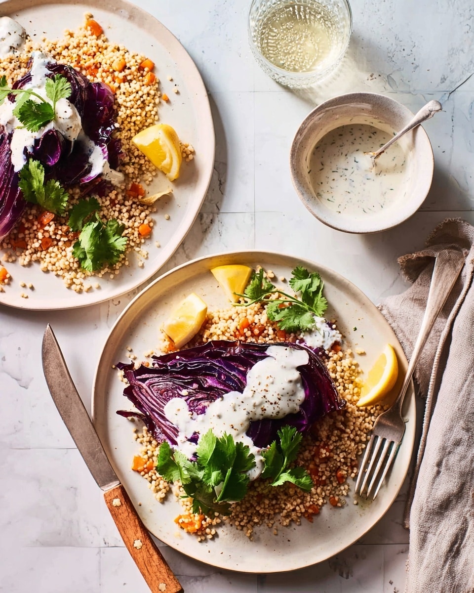 The image shows two white plates with a meal on a white marbled surface. Each plate has a base layer of light beige couscous mixed with small yellow raisins, spread evenly. On top, there are large pieces of roasted purple cabbage with a slightly charred texture. Both plates are garnished with fresh green cilantro leaves and a drizzle of thick white sauce with freckles of black pepper. A bright yellow lemon wedge sits on the edge of each plate. One plate has a fork and knife with wooden handles placed to the left side. Next to the plates is a small white bowl filled with more white sauce with cracked black pepper and a spoon inside, and a clear glass of sparkling water with a lemon slice. The photo taken with an iphone --ar 4:5 --v 7