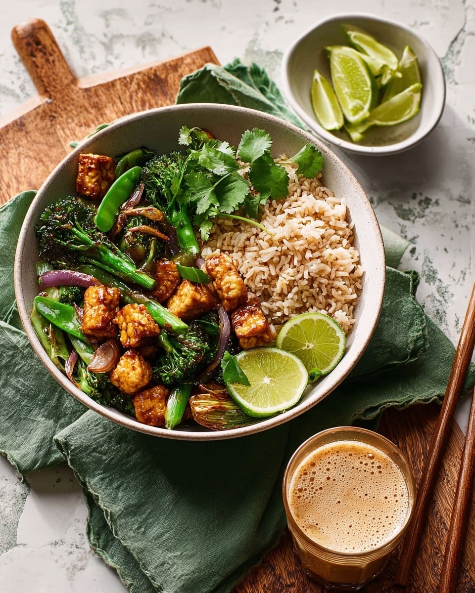 A white bowl filled with two main layers: the bottom half has light brown cooked rice mixed with small green cilantro leaves, and the top half is a colorful mix of bright green broccoli florets, snap peas, and golden-brown tempeh cubes with a slightly crispy texture. On one edge, two lime wedges rest against the rice, adding a fresh citrus touch. The bowl sits on a green cloth napkin, placed on a wooden board over a white marbled surface. Nearby is a small white dish with more lime wedges and a bowl with salt and cilantro leaves. A glass with a frothy drink and wooden chopsticks resting on the bowl complete the cozy setting. photo taken with an iphone --ar 4:5 --v 7