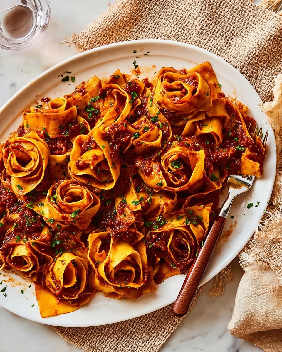 A white oval plate holds a pile of wide, flat pasta ribbons coated in a rich, red-brown sauce, with visible herbs and small chunks of seasoning mixed throughout. The pasta is twisted into loose, curled shapes layered on top of each other, creating a textured look with some folds catching the light. Fresh green parsley is sprinkled over the top, adding a touch of color contrast. On the plate, two wooden forks rest diagonally among the pasta. The plate sits on a beige woven fabric surface with a tan cloth napkin folded to the right. photo taken with an iphone --ar 4:5 --v 7