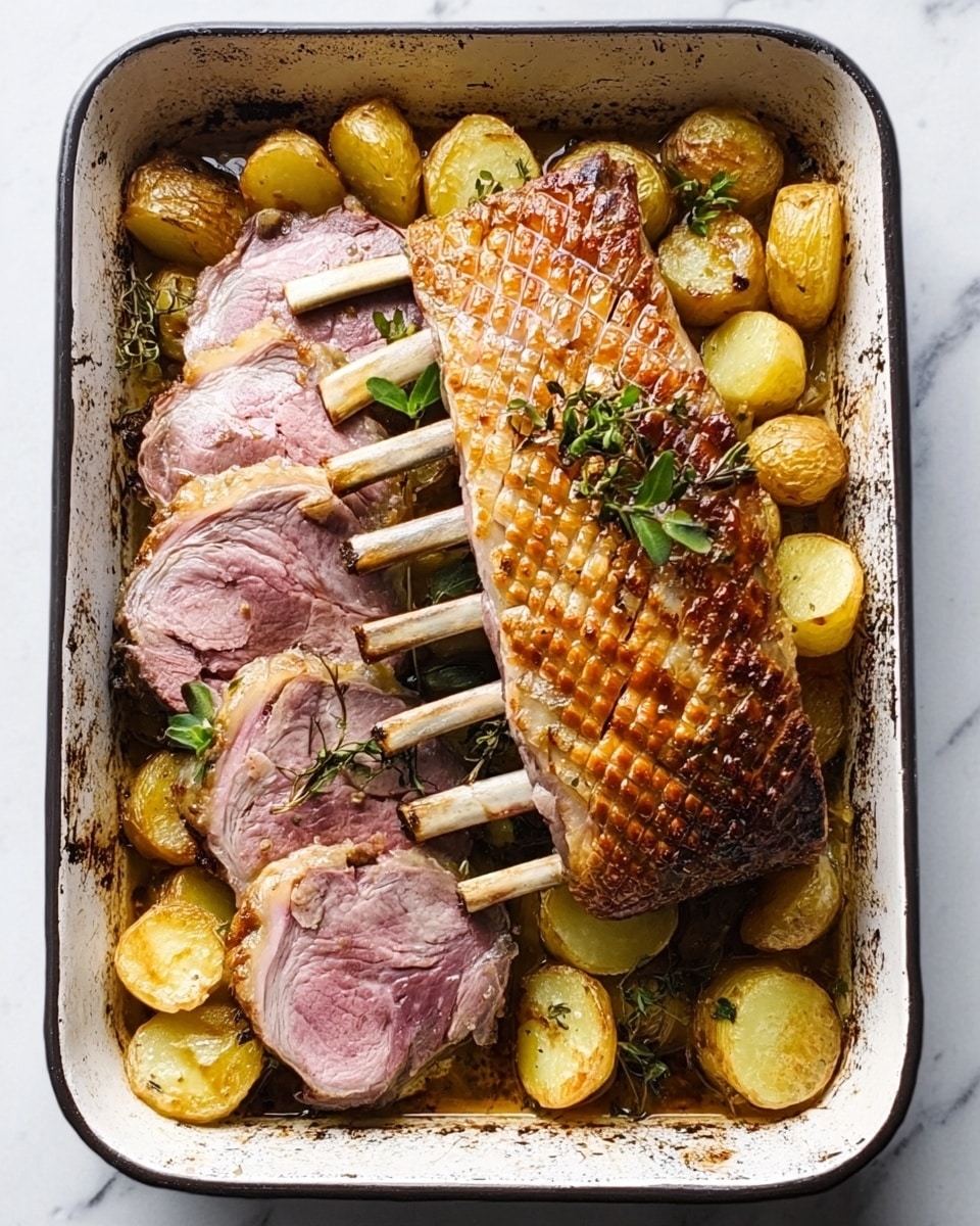 The image shows a roasted rack of lamb sliced into thick pieces and placed in a white rectangular pan. The lamb has a golden-brown, crispy outer layer with a slightly pink, juicy inside. Underneath and around the lamb, there is a layer of thinly sliced roasted potatoes that are golden and slightly crispy, mixed with small pieces of mushrooms and green herbs scattered on top. The pan sits on a white marbled surface. Photo taken with an iphone --ar 4:5 --v 7