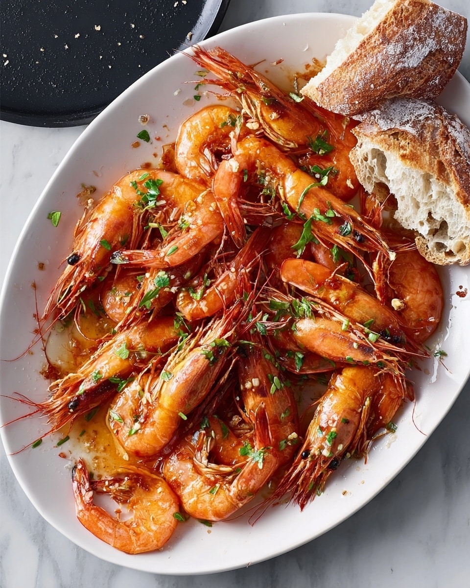 The image shows a black oval dish filled with cooked prawns that are orange with some darker stripes, scattered with small green herbs on top. The prawns have long, thin antennae stretching outward. The black dish sits on a larger black plate, both placed on a white marbled surface. Near the plates, there are pieces of crusty bread with a light brown crust and soft white inside. Some prawn shells and small green herbs are scattered next to the plates. Photo taken with an iphone --ar 4:5 --v 7