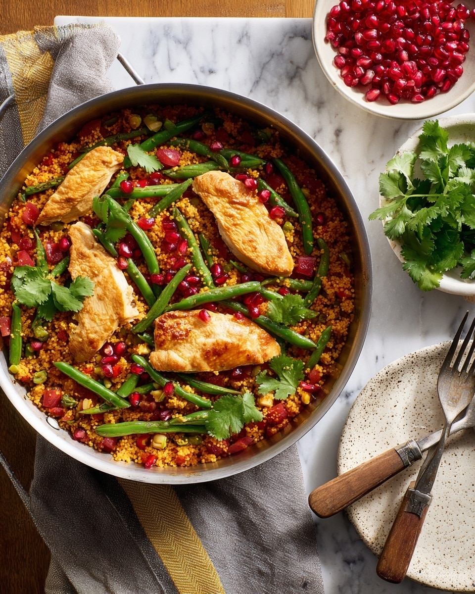 A large silver pan filled with a colorful dish showing three pieces of cooked golden brown chicken layered on a base of orange-colored bulgur or grain mixed with bright green string beans, small red pepper chunks, and scattered deep red pomegranate seeds, all topped with fresh green cilantro leaves. To the top right, a small white bowl is filled with bright red pomegranate seeds, and below it, a white speckled plate holds two forks with wooden handles. The pan is placed on a grey cloth with yellow stripes, all set on a white marbled texture background. photo taken with an iphone --ar 4:5 --v 7