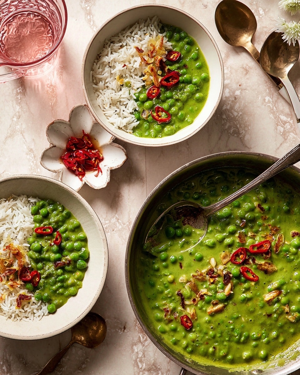 A large silver pan filled with thick, bright green curry with small peas and scattered slices of cooked garlic and red chili on top, a silver spoon resting inside. Two white bowls below contain a layer of white rice mixed with brown grains on one side, topped with a generous layer of the same green curry with peas, garnished with red chili pieces and garlic slices. A small white scalloped dish holds more red chili and garlic in oil. There are two bronze spoons near the bowls and a transparent pink glass filled with water to the upper left, all placed on a white marbled textured surface. photo taken with an iphone --ar 4:5 --v 7