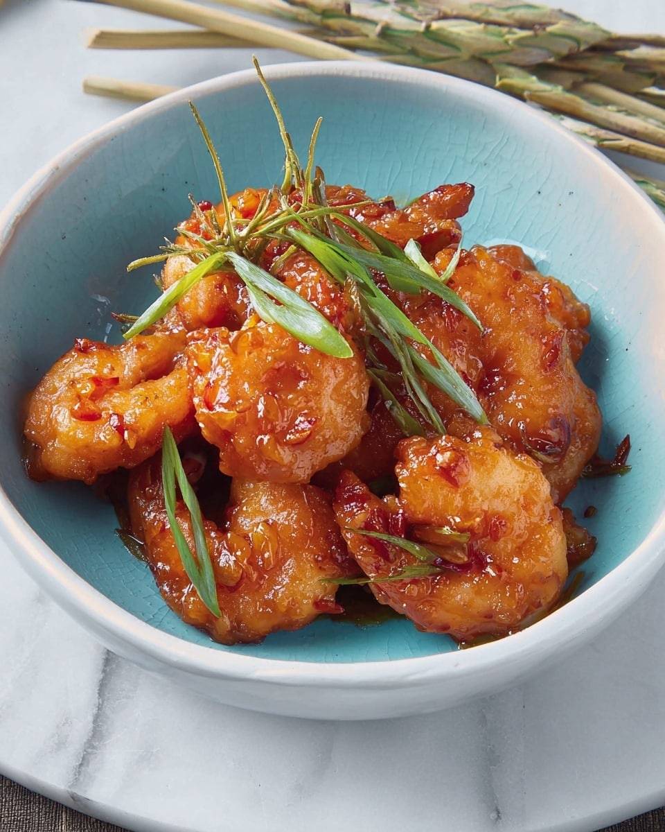 A white bowl holds several pieces of golden-brown fried shrimp coated in a glossy orange sauce, scattered with small red chili bits and topped with thin slices of fresh green onion. The bowl sits on a white marbled surface with a rough texture and light blue plate underneath partially visible. Thin wooden skewers lie beside the bowl on the surface. photo taken with an iphone --ar 4:5 --v 7
