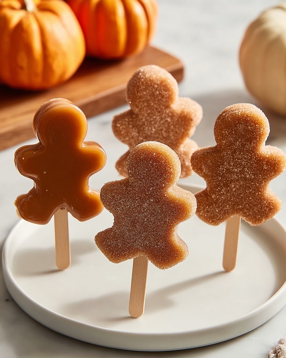Five gingerbread-shaped popsicles are arranged on a white plate with a white marbled texture surface. Three of the popsicles have a smooth shiny brown surface that looks like hard candy, while the other two popsicles are coated in a textured layer of sugar crystals, giving them a sparkling and rough appearance. Each popsicle is on a light wooden stick placed at the base, holding the figure upright. Soft sunlight casts gentle shadows, adding warmth and depth to the image. Photo taken with an iphone --ar 4:5 --v 7