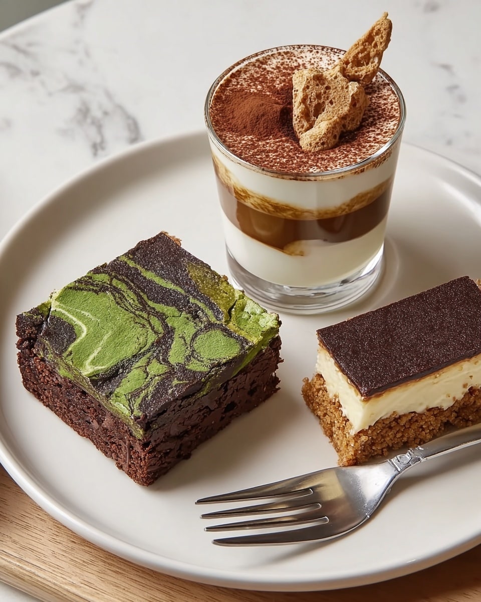 A white plate holds three desserts: a large square brownie with dark brown and bright green swirls on top, showing a moist texture; next to it is a small clear glass filled with layered cream and coffee-soaked cake, topped with cocoa powder and a small cookie sticking out on one side; beside the glass is a small rectangular slice of dark chocolate tart with a light cream layer on top and some crumbly bits sprinkled over the chocolate; a silver fork rests near the tart, all set on a white marbled surface. photo taken with an iphone --ar 4:5 --v 7