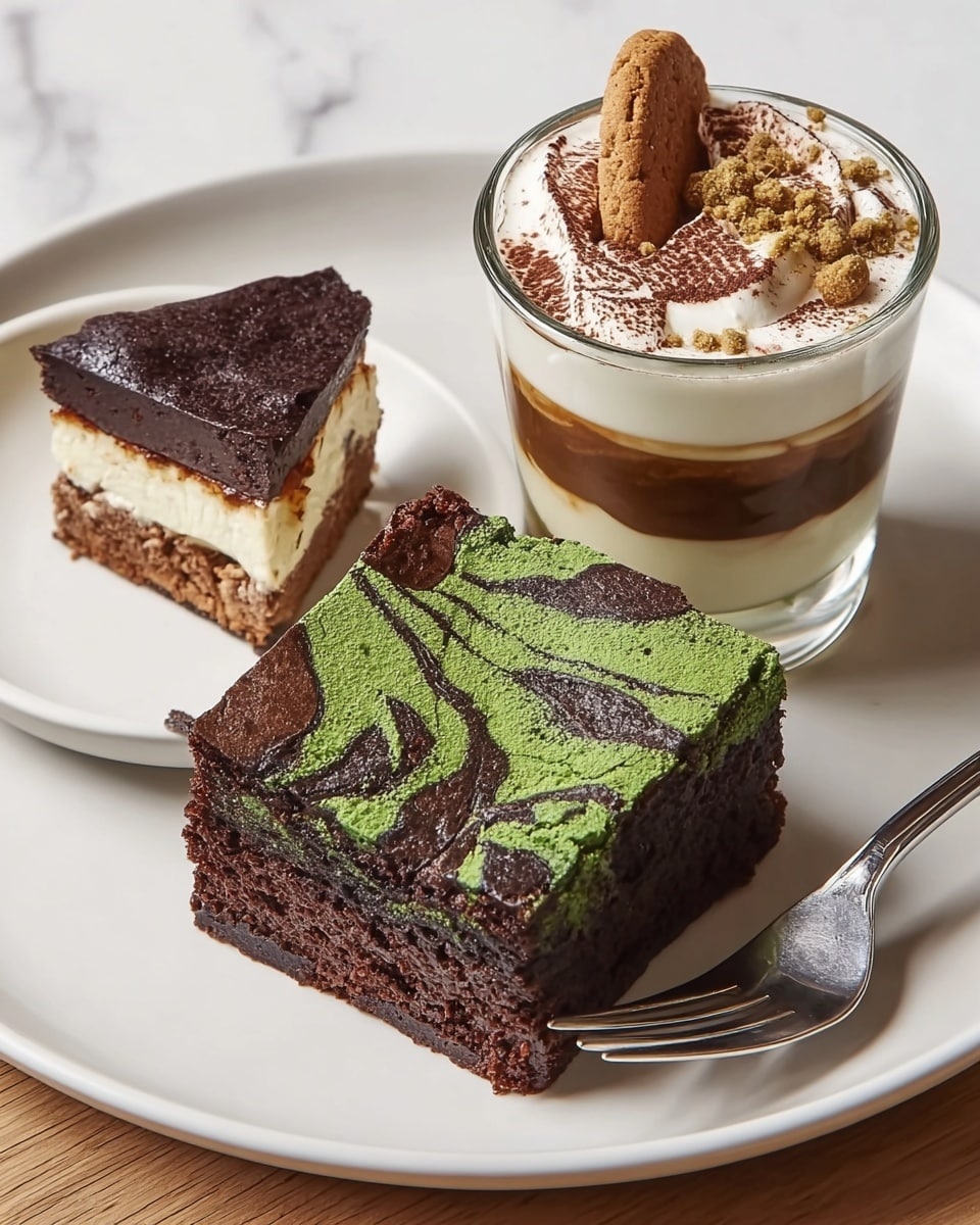 A white plate on a white marbled texture holds three desserts: a square brownie with green and dark brown swirled top, showing a dense texture; a small glass cup filled with layered cream and coffee-soaked cake, topped with light brown cocoa powder and a small biscuit piece sticking out; and a rectangular piece of dark chocolate tart with a light cream layer on top and a crumbly texture, placed next to a silver fork. Photo taken with an iphone --ar 4:5 --v 7