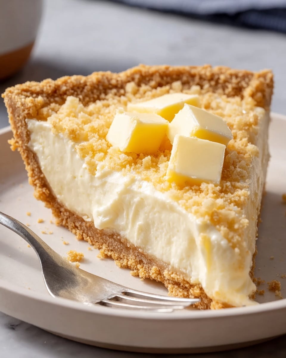 A close-up view of a single slice of crumbly pie on a white plate, showing three visible layers: the thin, light brown, coarse crust at the bottom and sides that looks crunchy, a thick, creamy off-white filling in the middle with a smooth texture, and a top layer of golden, grainy crumbs sprinkled evenly. On the upper part of the filling, there are four small squares of pale yellow butter melting slightly. A silver knife with a sharp edge lies partially under the slice on the plate. The setting has a white marbled surface underneath the plate. photo taken with an iphone --ar 4:5 --v 7