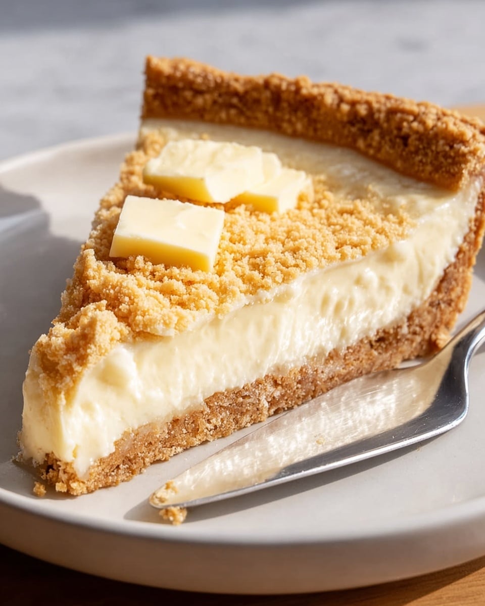 A close-up of a single slice of pie on a white plate with a crumbly light brown crust forming the base and edge. The filling is creamy white and smooth with a soft texture, topped with a layer of crumbly light golden crumbs. On top of the crumbs, there are several small square pats of pale yellow butter. The background is a white marbled texture. Photo taken with an iphone --ar 4:5 --v 7