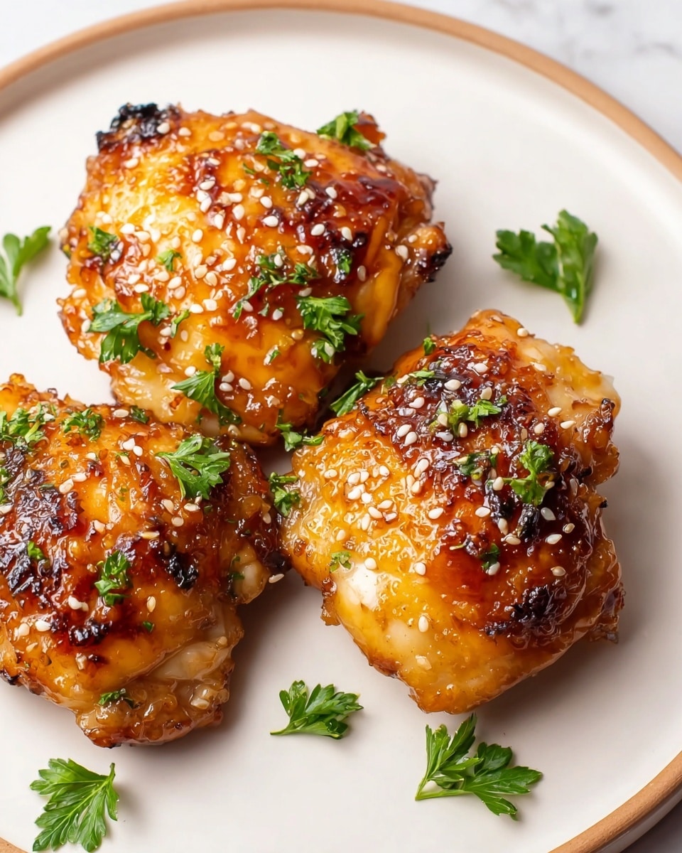 Three pieces of glazed chicken thighs sit on a white plate with a beige rim, placed on a white marbled surface. Each chicken piece is golden brown and shiny with a sticky glaze, sprinkled with small white sesame seeds and finely chopped green parsley. Extra parsley leaves are scattered gently around the chicken on the plate. The close-up shot captures the juicy and slightly crispy texture of the chicken skin. photo taken with an iphone --ar 4:5 --v 7