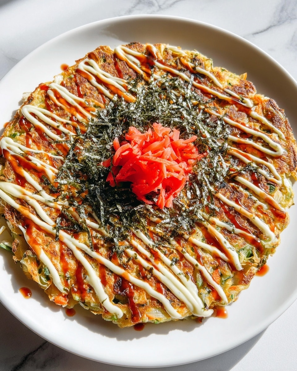 The image shows a round okonomiyaki pancake on a white plate, placed on a white marbled surface. The pancake has a golden-brown base mixed with visible bits of green cabbage and orange carrot shreds. On top, there are crisscrossing lines of creamy white mayonnaise and a dark reddish-brown sauce. Thin strips of dark green seaweed flakes are scattered over the sauces. In the center of the pancake, there is a small mound of bright red pickled ginger adding a fresh and colorful touch. The pancake appears thick and round with a mixture of textures from the soft pancake to the crunchy vegetables. photo taken with an iphone --ar 4:5 --v 7
