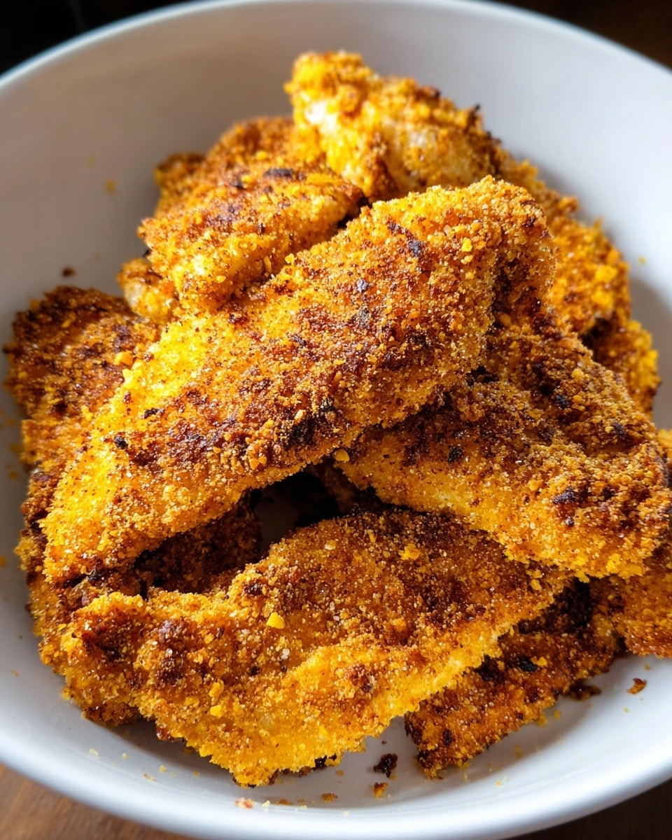 A white bowl holds several pieces of crispy, golden brown fried chicken strips, each coated with a crumbly, textured breading that has dark specks of seasoning scattered throughout. The chicken pieces vary in size and shape, stacked loosely to show their rough and crunchy edges. Small crumbs have fallen into the bowl, enhancing the sense of a crunchy exterior. The bowl rests on a white marbled surface. photo taken with an iphone --ar 4:5 --v 7