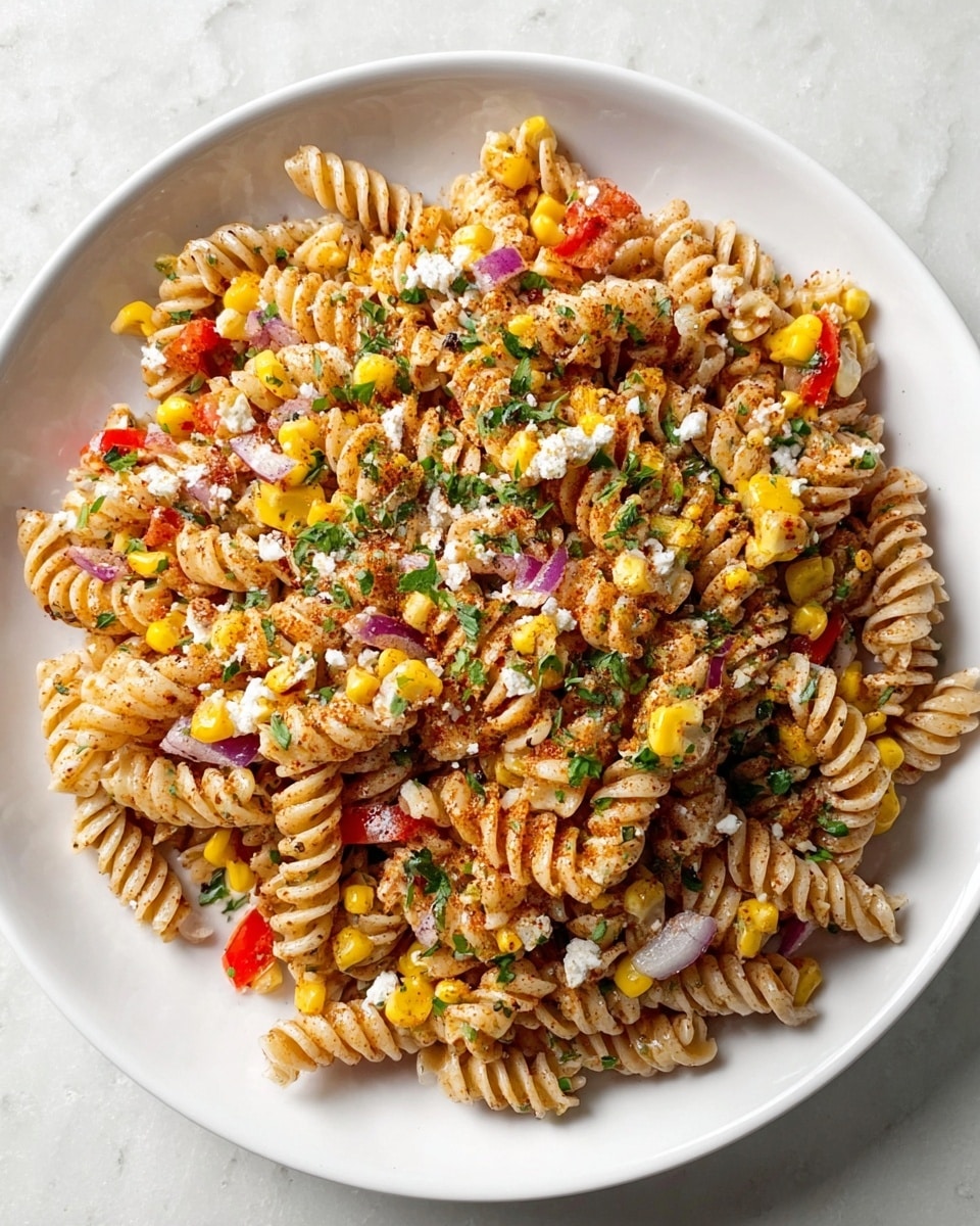 A white plate holds a colorful pasta salad with three main visible layers: the bottom layer is light brown rotini pasta that fills the plate, the middle layer has scattered chunks of bright yellow corn, red bell pepper slices, finely chopped purple onion, and bits of green herbs, and the top layer is a light sprinkle of white cheese crumbles and a dusting of reddish seasoning spreading evenly across the dish. The textures range from the smooth pasta spirals to the small crunchy vegetables and crumbly cheese. The dish is set on a white marbled texture surface. photo taken with an iphone --ar 4:5 --v 7