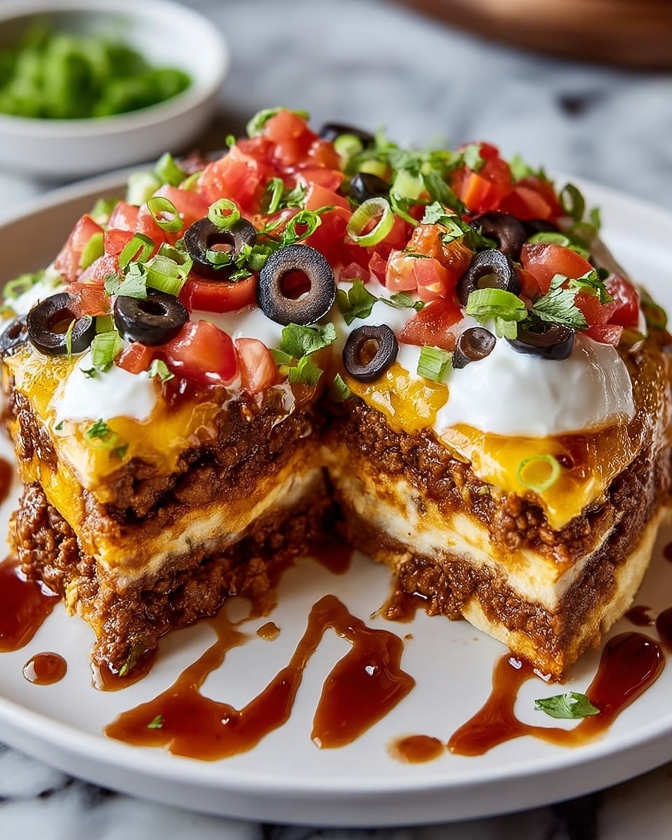 The image shows a thick, double-layered taco pie on a white plate placed on a white marbled surface. The first bottom layer is a soft, golden-brown crust, followed by a thick, textured layer of cooked ground beef mixed with melted orange cheddar cheese. On top is another golden crust layer covered with more melted cheddar cheese. The top layer is decorated with dollops of white sour cream, bright red diced tomatoes, slices of black olives, chopped green onions, and fresh green cilantro. Drizzled over the top are lines of rich, dark reddish-brown barbecue sauce. The pie is cut in half, revealing the inside layers clearly, with some sauce spilling around the plate edges. Photo taken with an iphone --ar 4:5 --v 7
