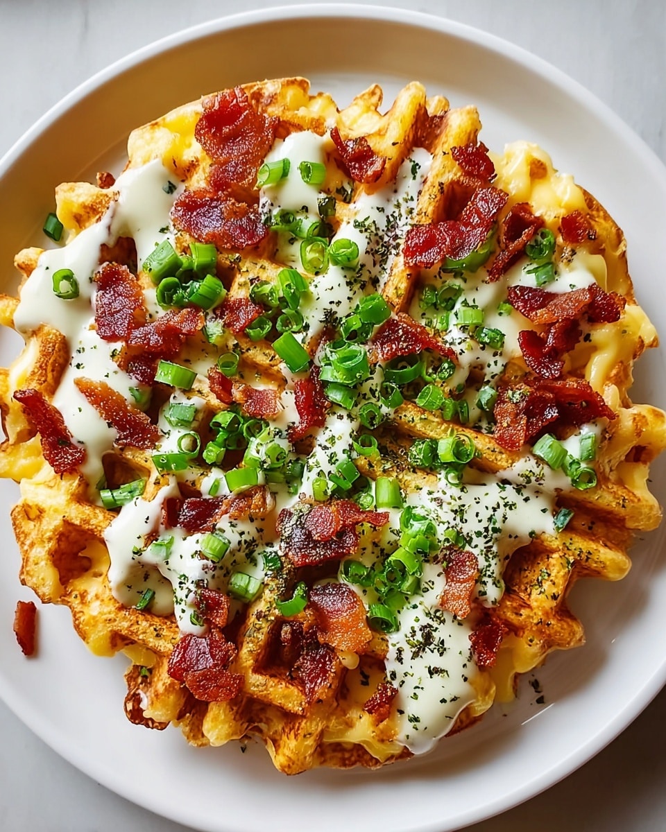 A single layer of golden brown waffle fries is spread out on a white plate, topped with melted light yellow cheese that partly covers the fries. Over the cheese and fries are small pieces of crispy, reddish-brown bacon scattered evenly, adding texture. White creamy sauce is drizzled in thick, curved lines across the top, and fresh, bright green chopped scallions are sprinkled all over. The dish sits on a white marbled surface. photo taken with an iphone --ar 4:5 --v 7