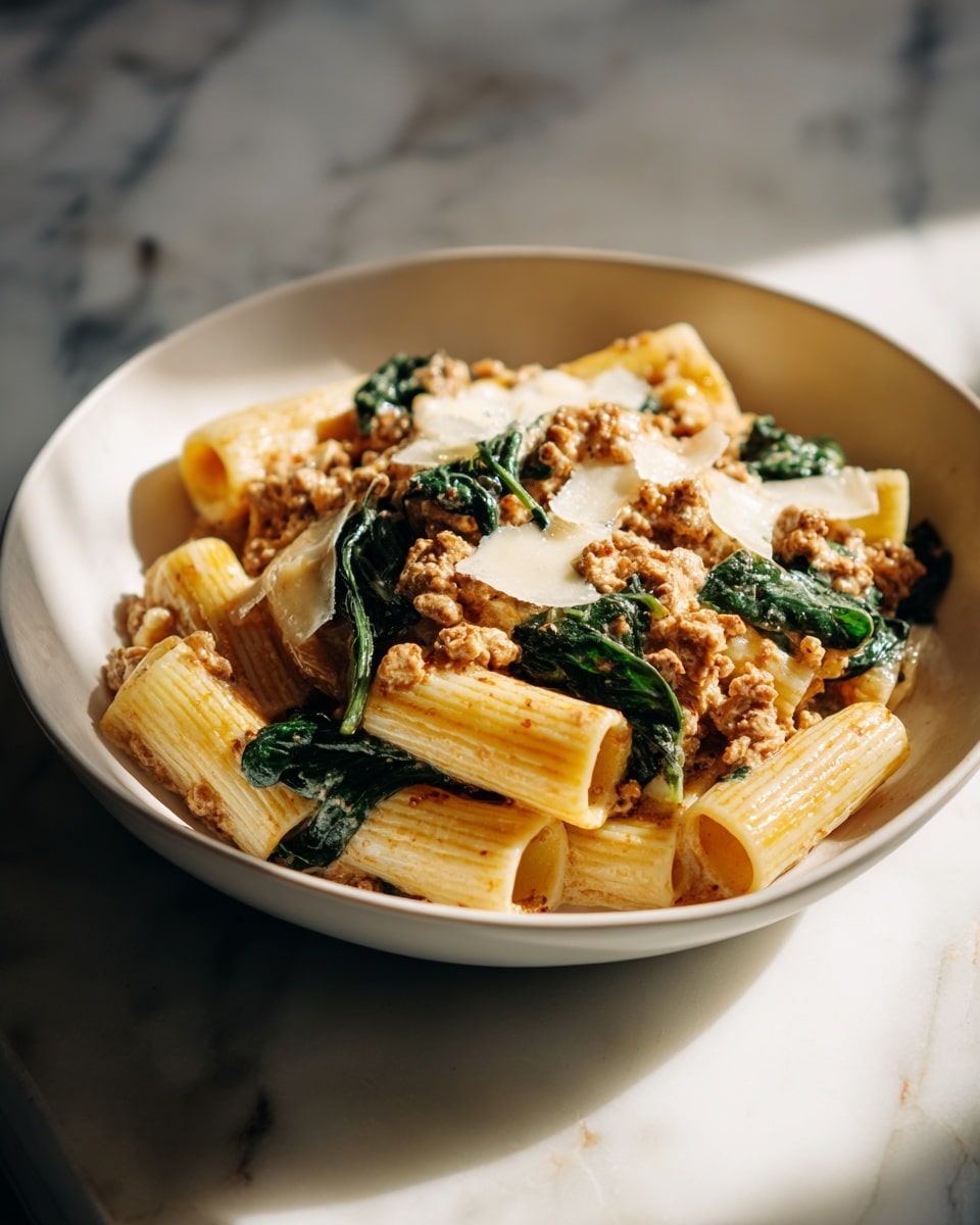 The dish shows rigatoni pasta with a sauce made of ground meat and spinach leaves. The pasta is light yellow with ridges and arranged in a loose pile, mixed with a creamy, beige meat sauce. Bright green spinach leaves are spread throughout, adding contrast. Some melted white cheese is sprinkled on top, giving a slightly glossy texture. The food is served in a deep white bowl placed on a white marbled surface. Natural light highlights the textures and colors vividly. photo taken with an iphone --ar 4:5 --v 7