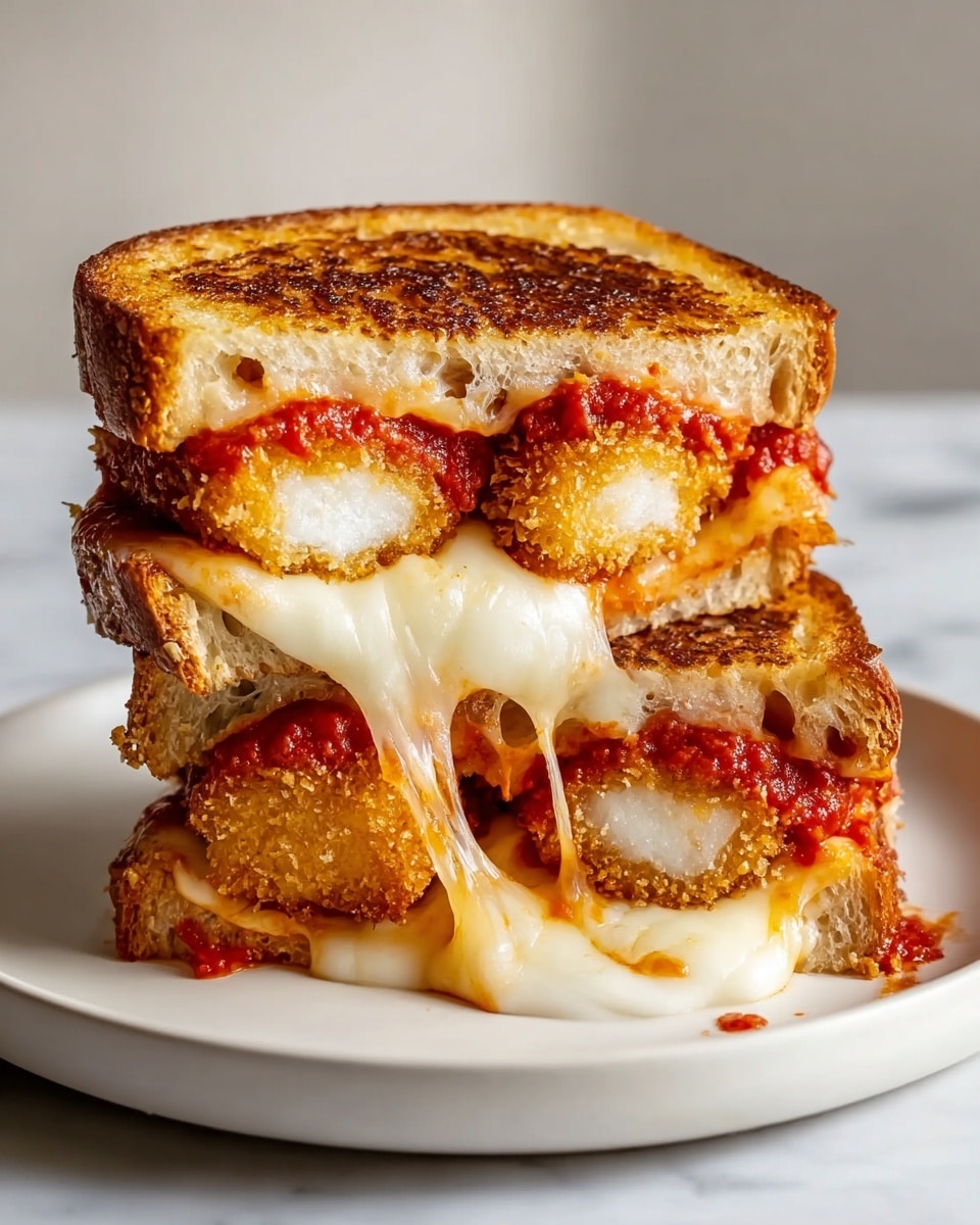 A toasted sandwich is cut in half and stacked, showing three layers inside. The top and bottom layers are golden toasted bread with a crispy texture and small air pockets. Inside, there are two layers of fried, golden brown breaded pieces. Each fried piece has bright red tomato sauce on top. Between these fried pieces and bread layers, thick white melted cheese stretches and pulls apart, curling down to the white plate below. The plate sits on a white marbled surface with soft natural light. photo taken with an iphone --ar 4:5 --v 7