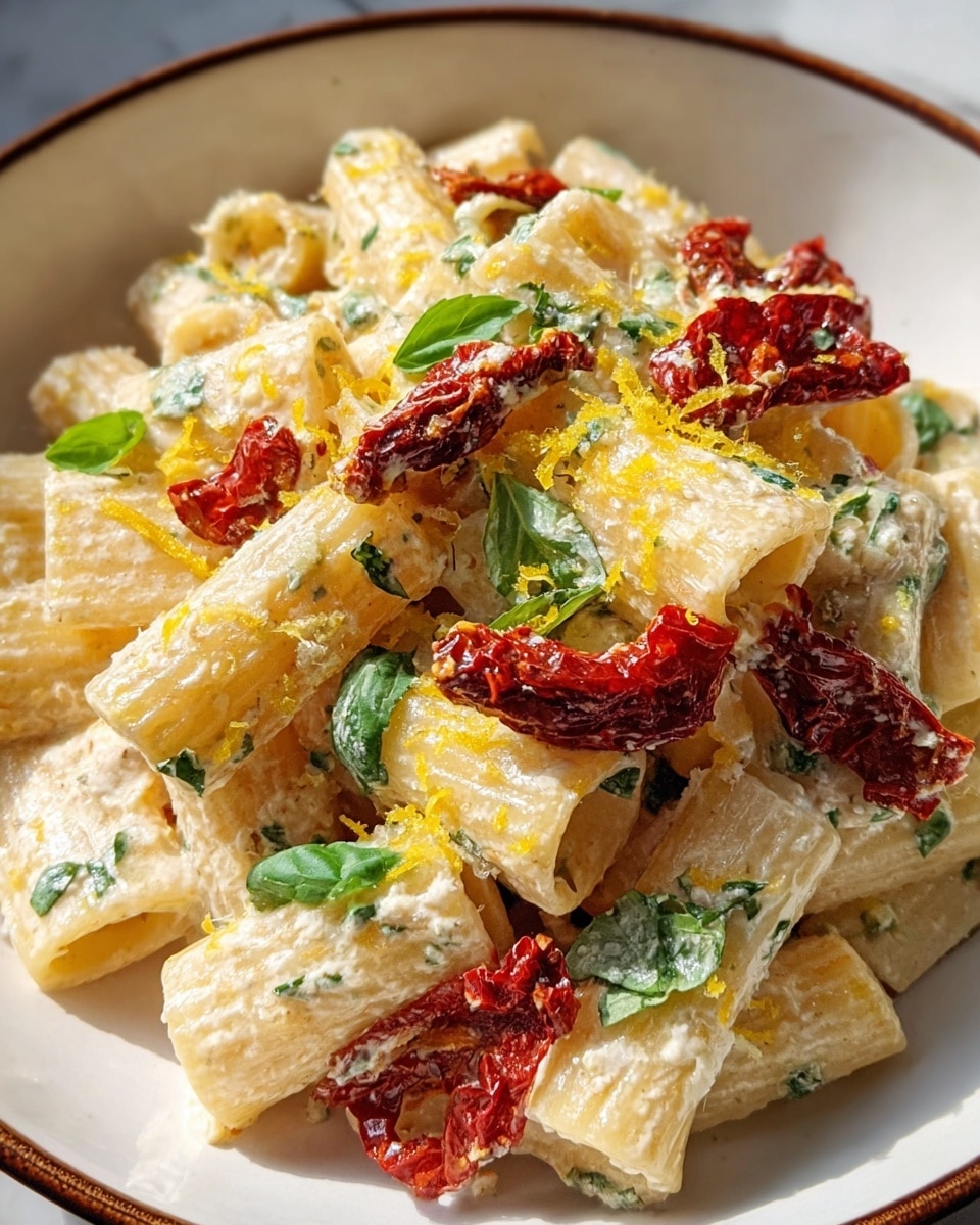 A pile of rigatoni pasta coated in a creamy white sauce fills the center of a white plate, with pieces of bright red sun-dried tomatoes nestled throughout. Small fresh green basil leaves are scattered on the top, along with a light dusting of finely grated white cheese and thin strands of orange zest, adding bright color contrast. The pasta tubes are textured with ridges and appear well-coated with sauce, making the dish look rich and creamy. The plate sits on a white marbled surface capturing sunlight, creating soft shadows around the dish. photo taken with an iphone --ar 4:5 --v 7