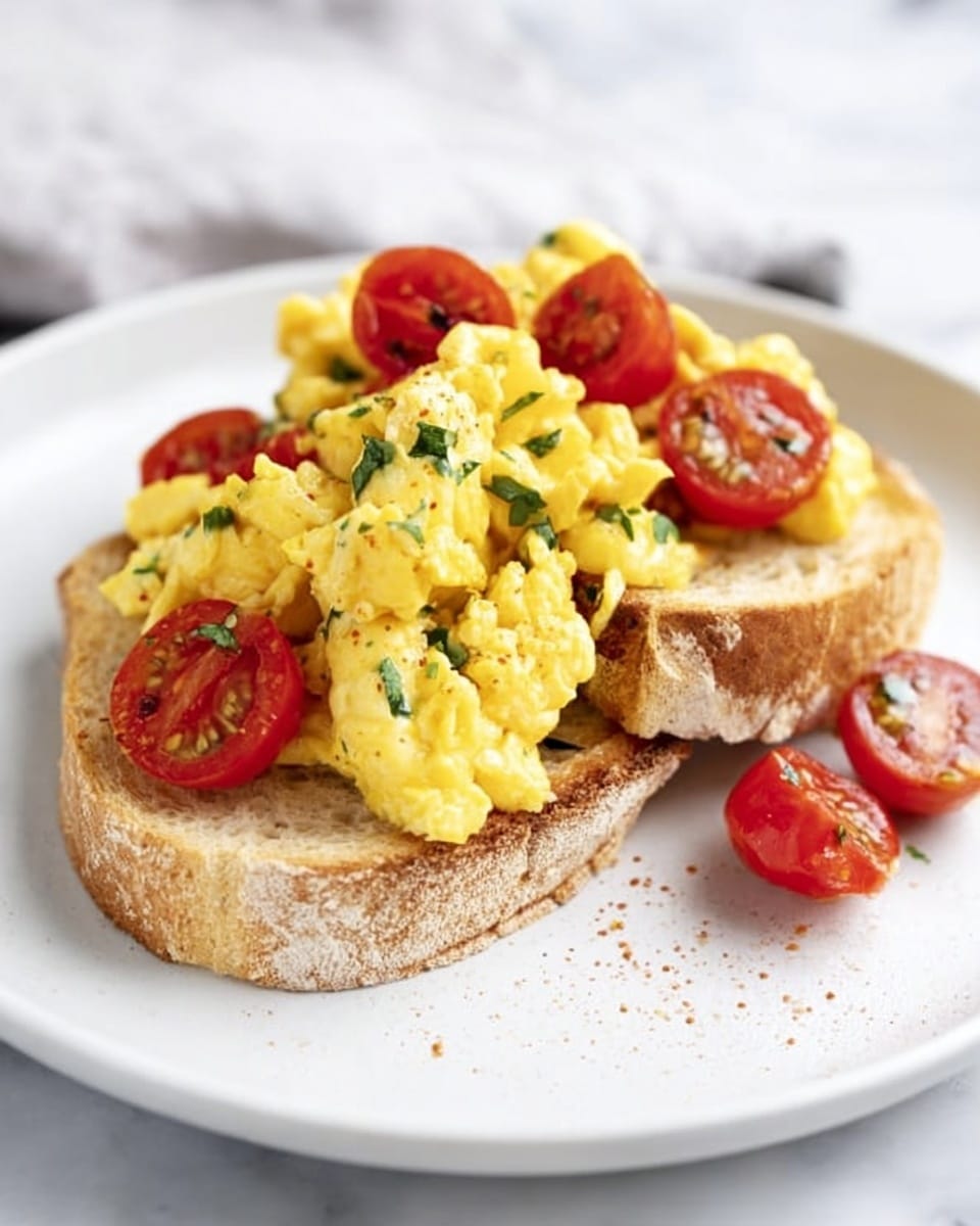 The image shows two thick slices of crusty bread stacked on a white plate with a white marbled surface underneath. On top of the bread, there is a generous layer of scrambled eggs mixed with green herbs and black pepper, giving a soft, fluffy, and slightly creamy texture. Scattered throughout and on top are halved cherry tomatoes, bright red and juicy, adding a fresh and colorful contrast. Some scrambled eggs and tomatoes spill over the edges onto the plate, creating a natural and inviting look. The overall colors are warm yellows, fresh reds, and light browns with small green flecks. Photo taken with an iphone --ar 4:5 --v 7