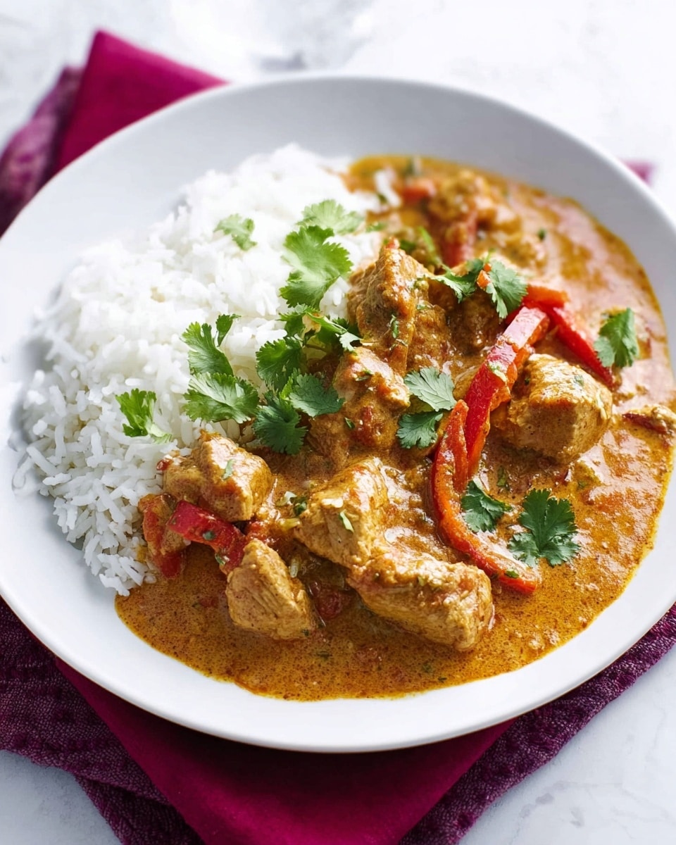 The image shows a white plate on a white marbled surface with a layer of white rice on one side and a thick, orange-brown curry with chicken pieces and red bell pepper slices covering the rest of the plate. The curry looks creamy and rich, with some fresh green cilantro leaves placed on top as garnish. The plate is set on top of two folded purple and red cloth napkins. Photo taken with an iphone --ar 4:5 --v 7