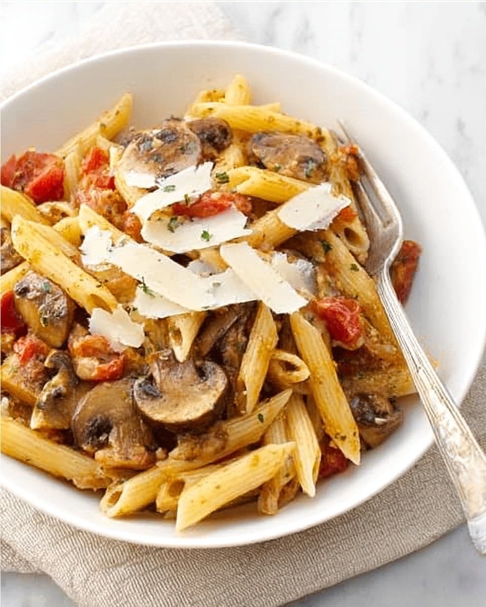 A white bowl holds a dish with three main layers: the base layer is penne pasta in a light orange tomato sauce, the middle layer has cooked brown mushroom slices scattered over the pasta, and the top layer is thin white strips of cheese sprinkled across. The pasta looks soft and slightly glossy, with visible pieces of cooked tomato mixed in. A rustic silver fork is partially placed in the bowl on the right side. The bowl is set on a light cloth on a white marbled surface background. Photo taken with an iphone --ar 4:5 --v 7