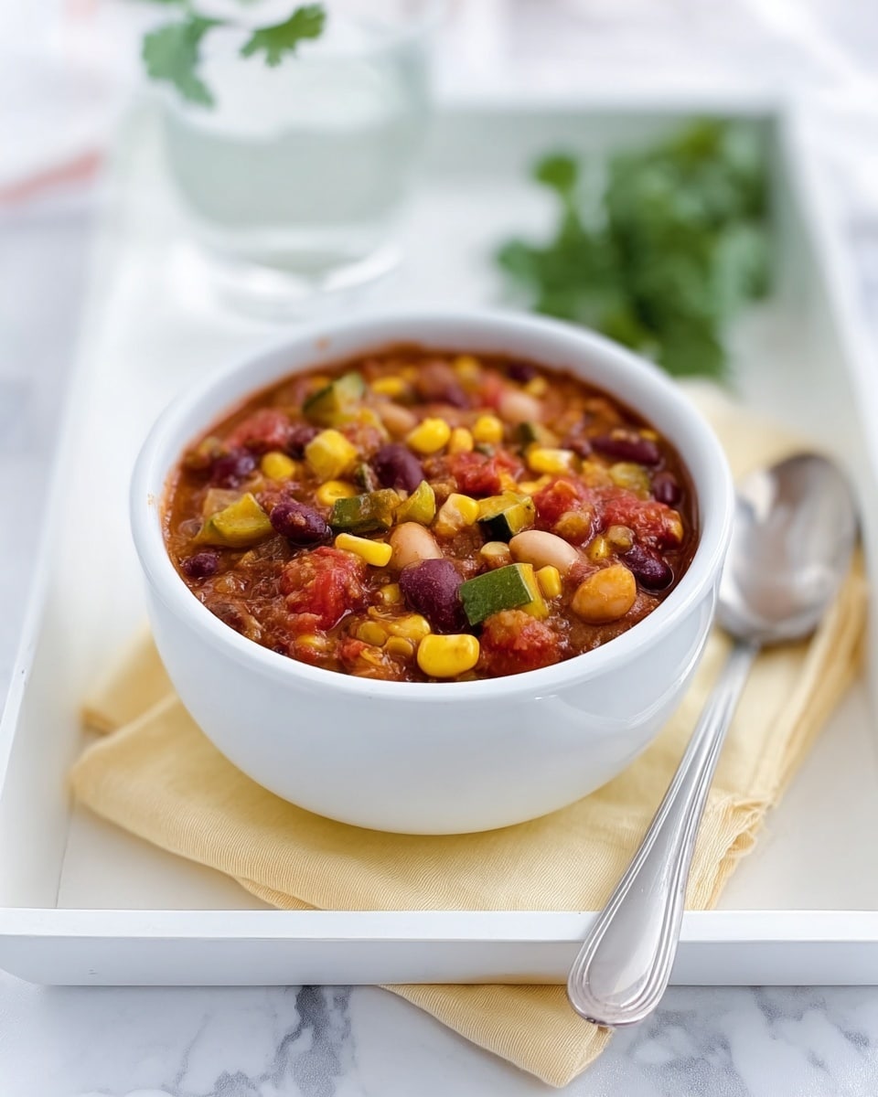Two white bowls filled with a colorful chili mix sit on a white tray with a yellow cloth underneath. The chili has distinct layers of chunky red beans, bright yellow corn, diced green zucchini, and soft tomato pieces, all mixed in a reddish sauce. A silver spoon rests beside the front bowl, partly on the tray. Fresh green cilantro leaves appear in the background on the white marbled surface, adding a fresh contrast. The lighting is soft and natural, showcasing the various textures and vibrant colors. Photo taken with an iphone --ar 4:5 --v 7