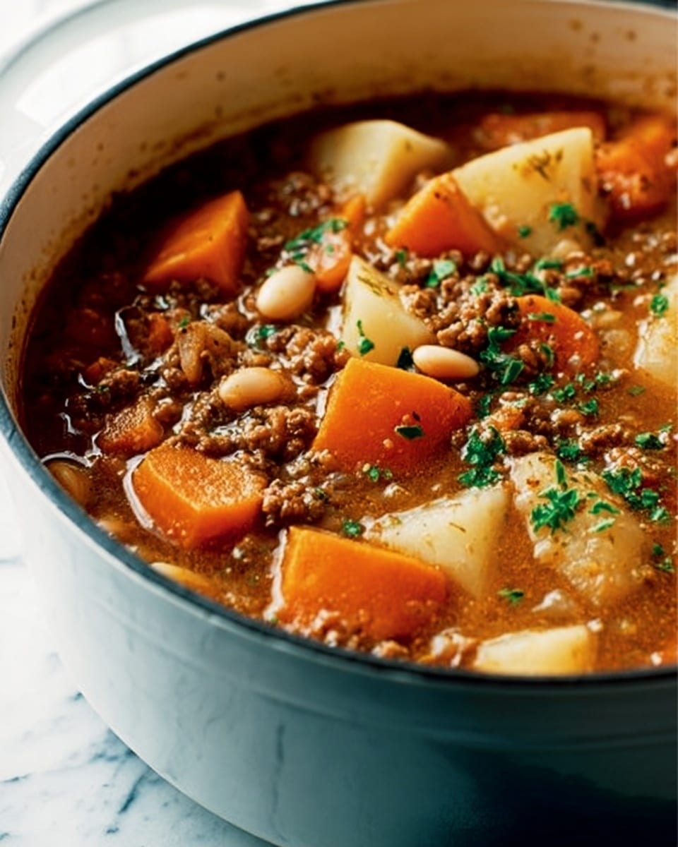 A large dark green ceramic pot filled with a thick stew sitting on a white marbled surface. The stew contains several layers of ingredients: large orange carrot chunks and white potato pieces spread evenly throughout, tender ground meat mixed in a brownish broth, and small white beans scattered on top. Fresh green herb leaves are sprinkled over the surface, adding a touch of color. The broth has a slightly oily texture with small bubbles visible on the surface, indicating warmth. The pot has two small handles on the sides and rests on a white marbled surface. photo taken with an iphone --ar 4:5 --v 7