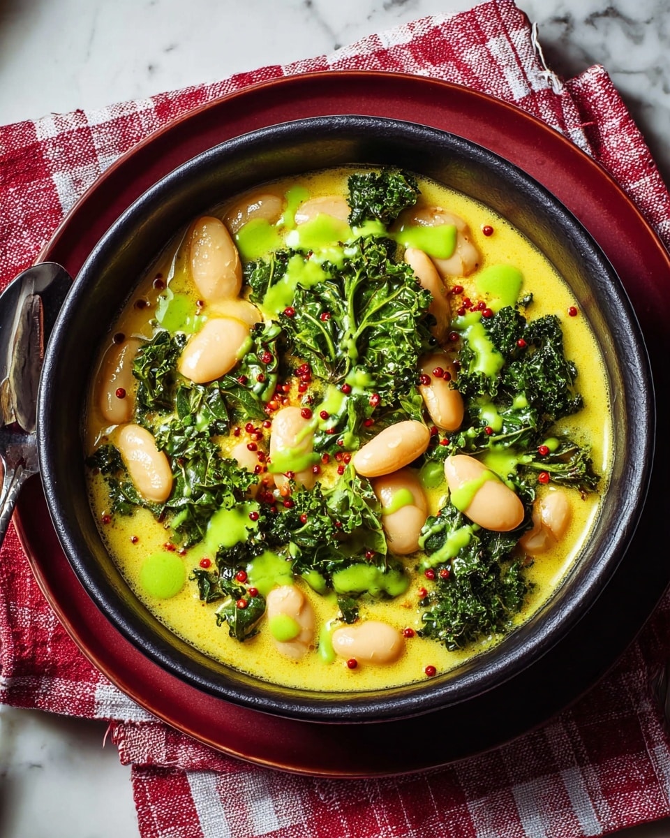 A black bowl filled with a thick yellow curry sauce as the base layer, topped with many large, pale yellow beans scattered evenly throughout. Over this, there are bright green cooked kale leaves, adding texture and a leafy appearance. On top, there are green sauce drizzles and small red mustard seeds sprinkled, creating extra color and detail. The bowl is placed on a red and black round plate set against a white marbled surface with a red checkered cloth partially visible. photo taken with an iphone --ar 4:5 --v 7