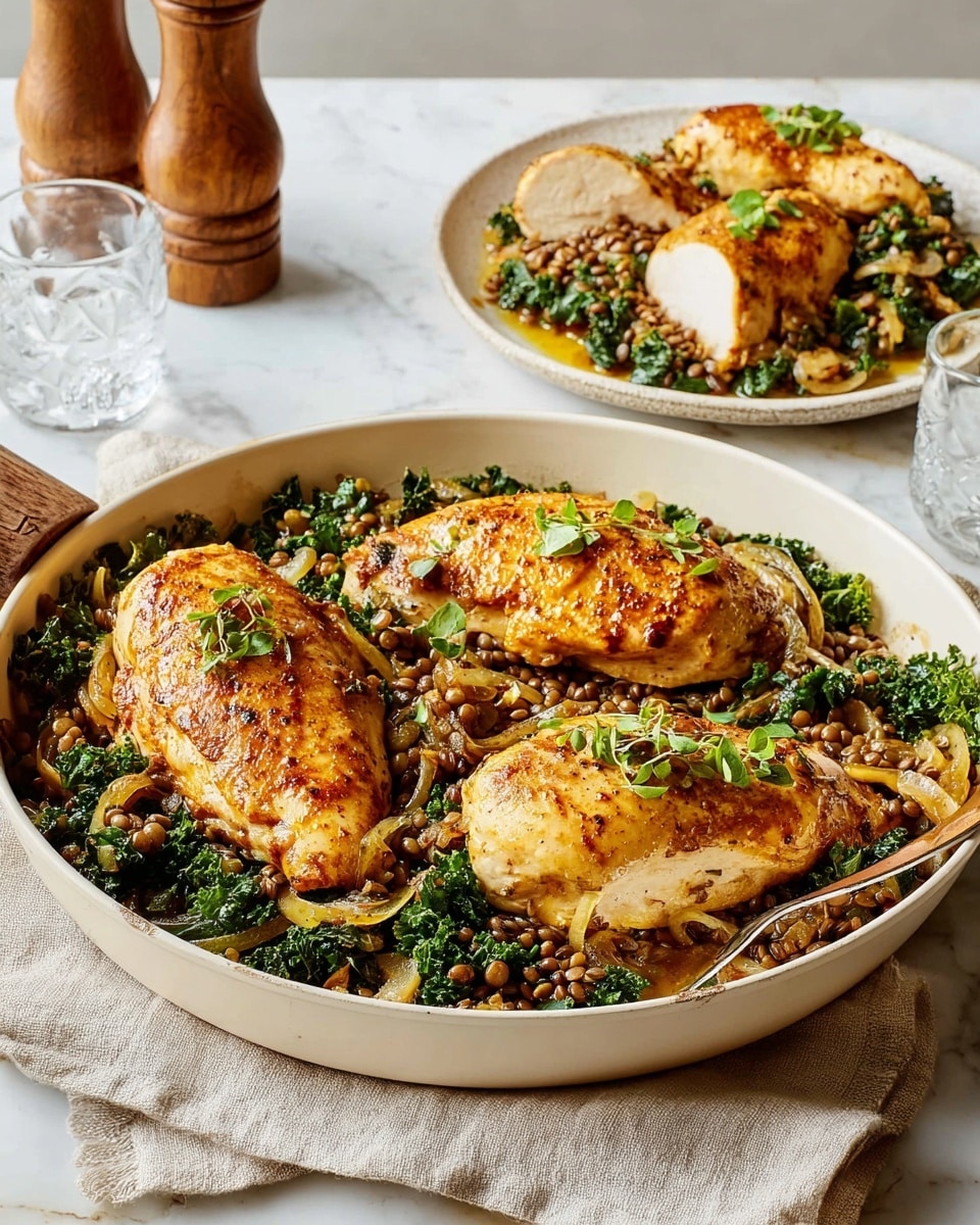 A white pan filled with three golden-brown cooked chicken breasts placed on top of a bed of dark green kale and small lentils mixed with thinly sliced yellow onions, all garnished with chopped fresh green herbs. Behind the pan, on the left, a white plate holds a few slices of the chicken breast over the same kale and lentil mix. The scene is set on a white marbled surface with a wooden pepper grinder and a clear glass of water with lemon in the background, creating a warm and inviting meal setting. photo taken with an iphone --ar 4:5 --v 7
