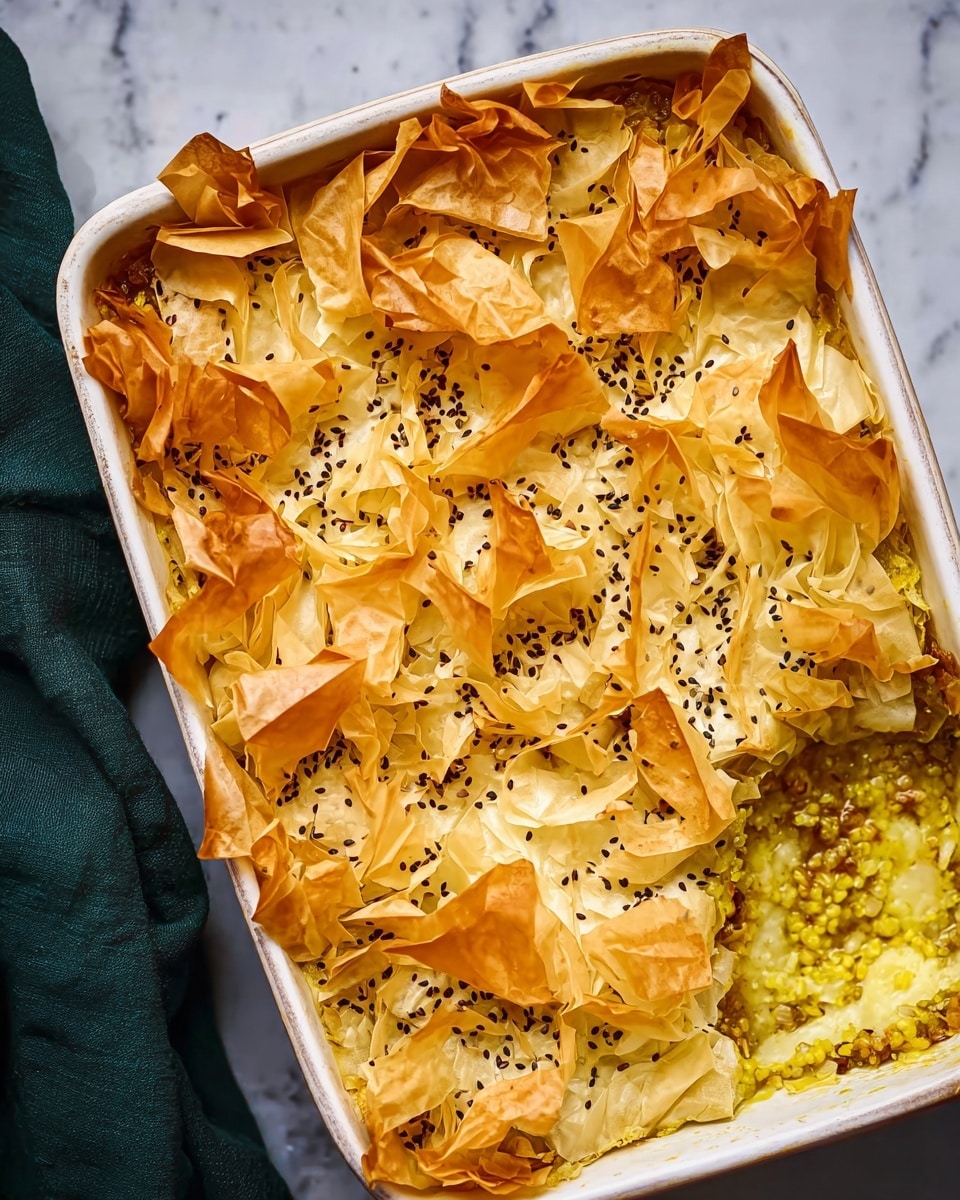 The dish is a white rectangular baking dish filled with two main layers. The bottom layer consists of a yellowish-green cauliflower and lentil mixture with visible small cauliflower florets and lentils in a thick sauce. The top layer is a loose, crumpled sheet of golden-brown phyllo dough sprinkled with small black seeds, possibly nigella or black sesame seeds, giving it a textured and crispy look. Part of the top layer is lifted, revealing the colorful vegetable base underneath. The dish sits on a white marbled surface with a dark green cloth partially visible on the left side. Photo taken with an iphone --ar 4:5 --v 7
